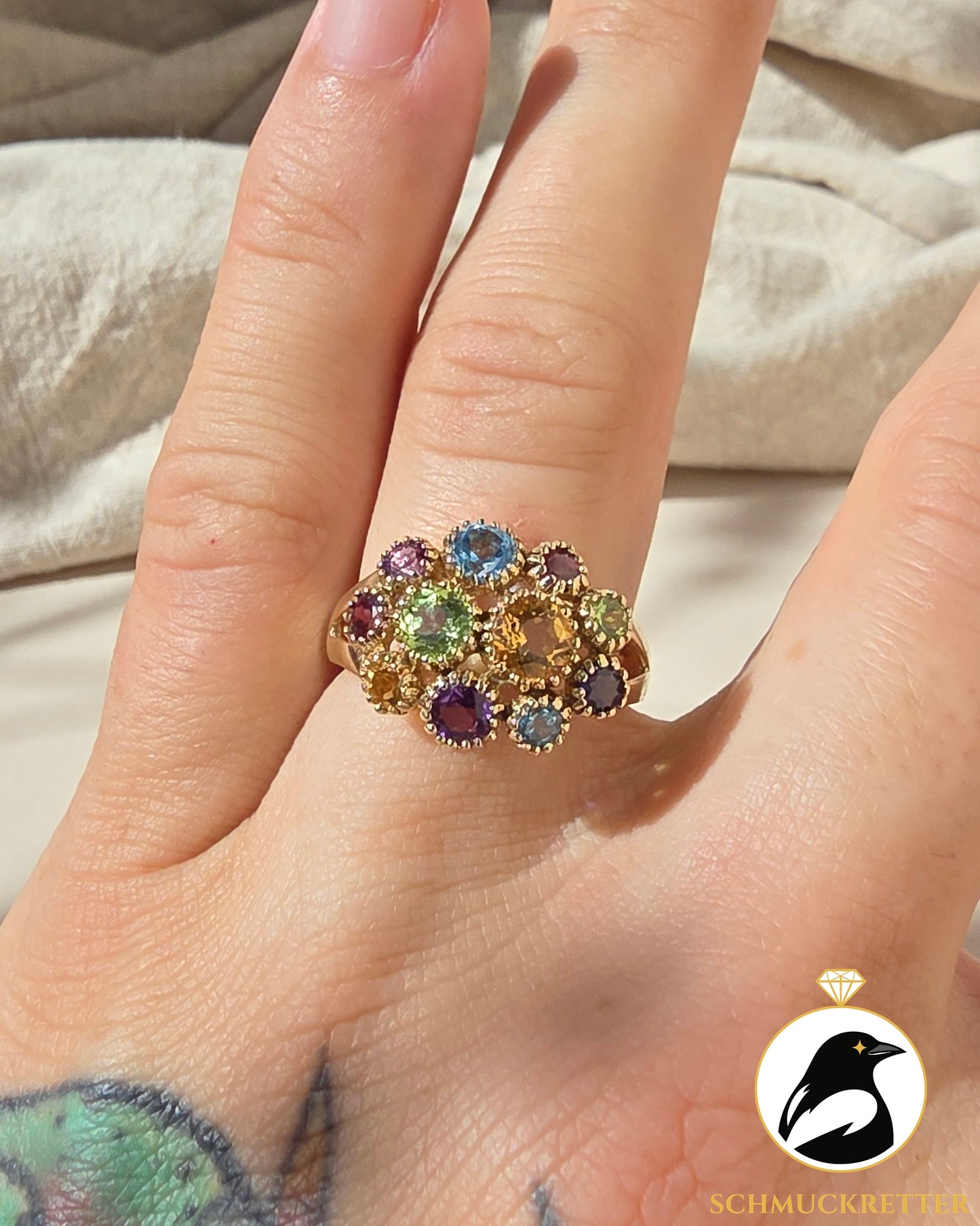Blumenstrauß - 375 Gold Ring mit Multi-Edelsteinen, Gr. 57