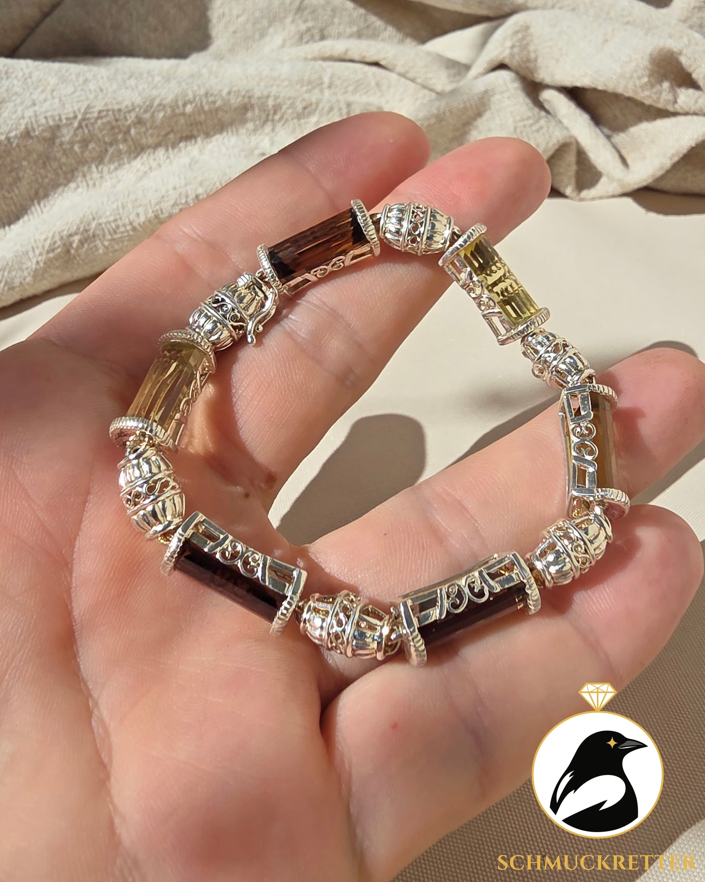 Massives Edelstein-Armband mit Citrin & Rauchquarz aus 925 Silber