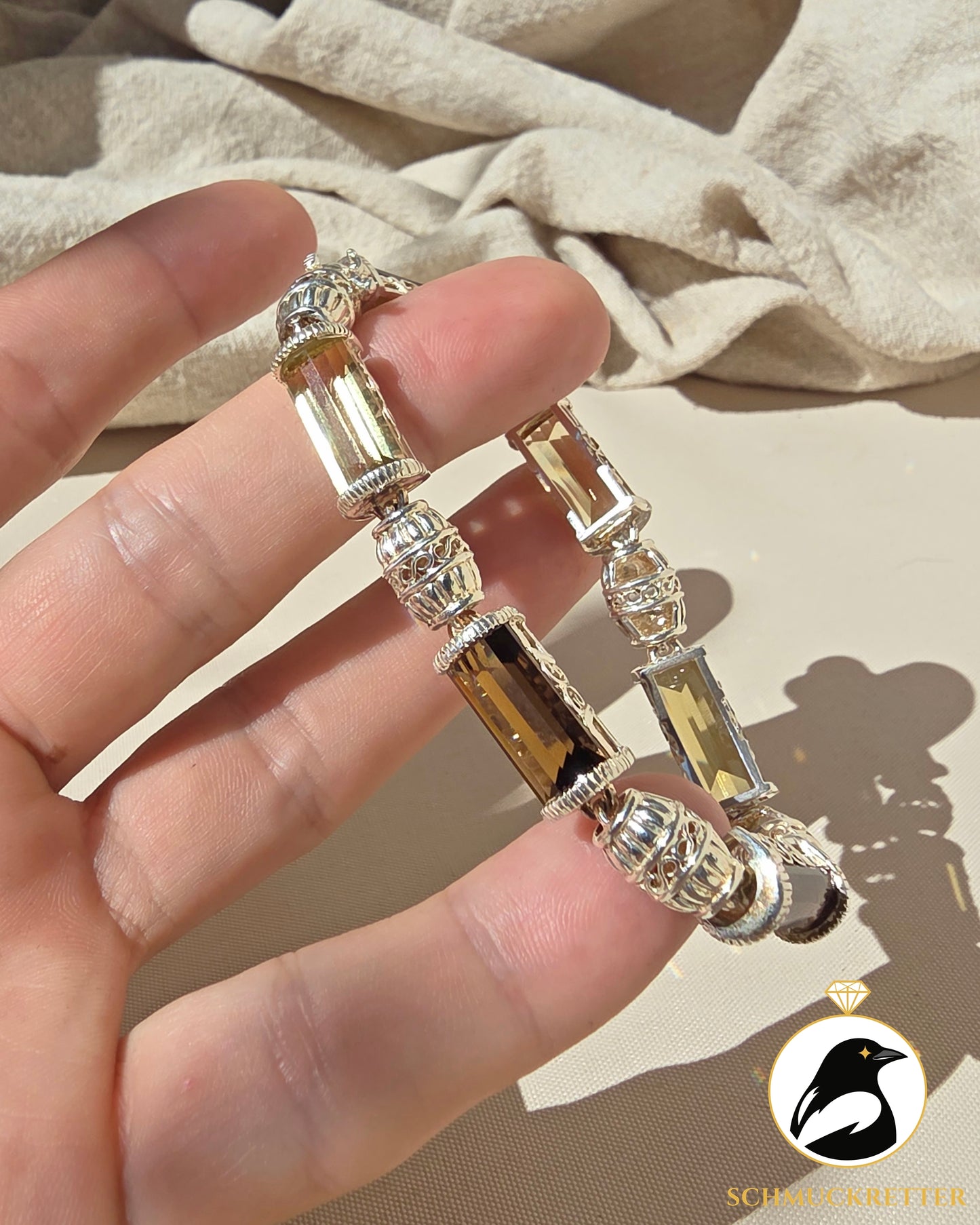 Massives Edelstein-Armband mit Citrin & Rauchquarz aus 925 Silber