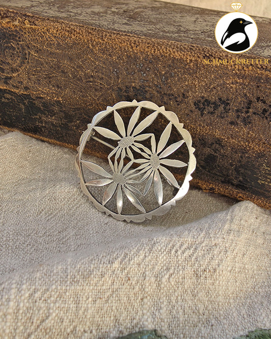 Antike 800 Silber Blumenbrosche – filigranes Durchbruchmuster
