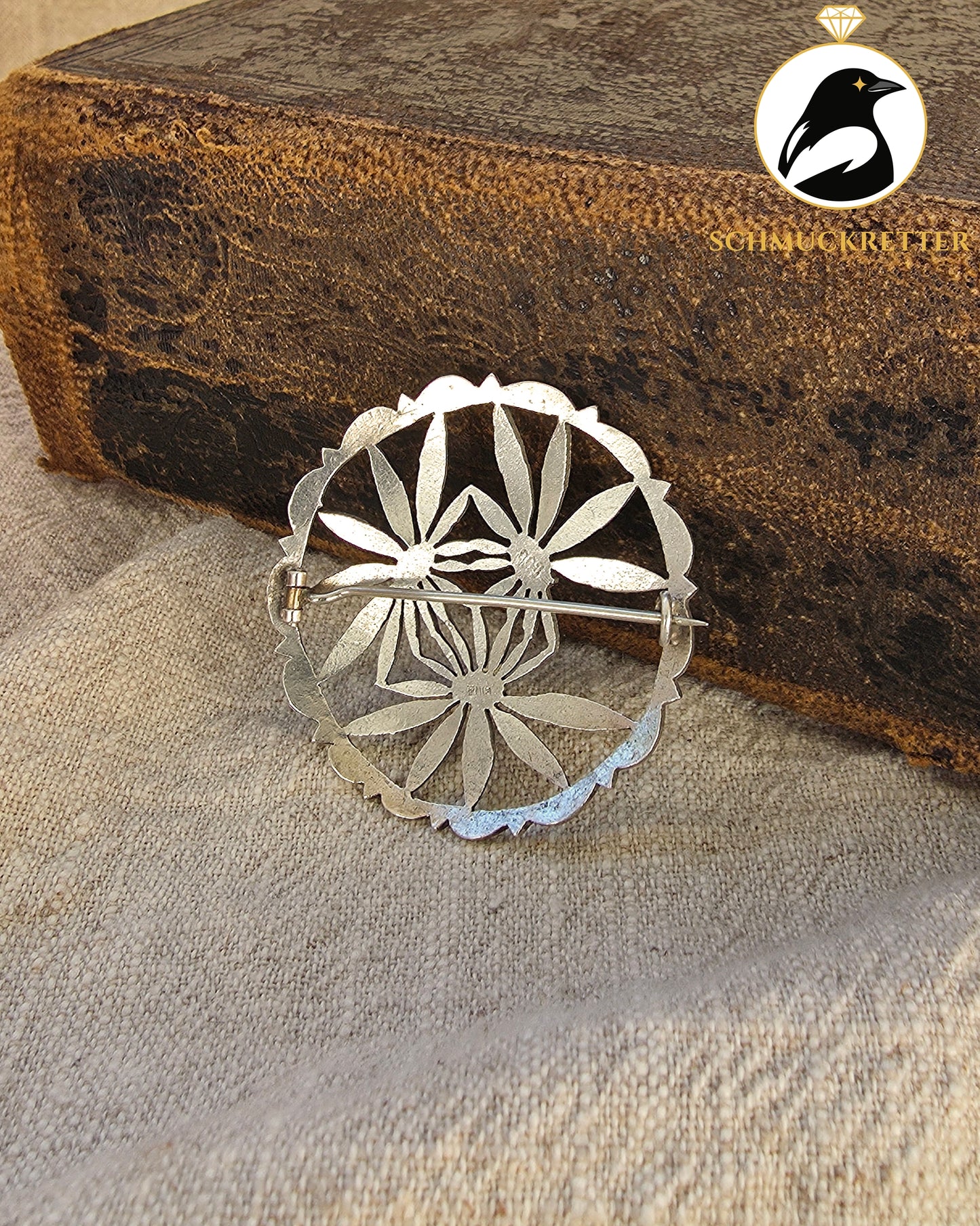 Antike 800 Silber Blumenbrosche – filigranes Durchbruchmuster
