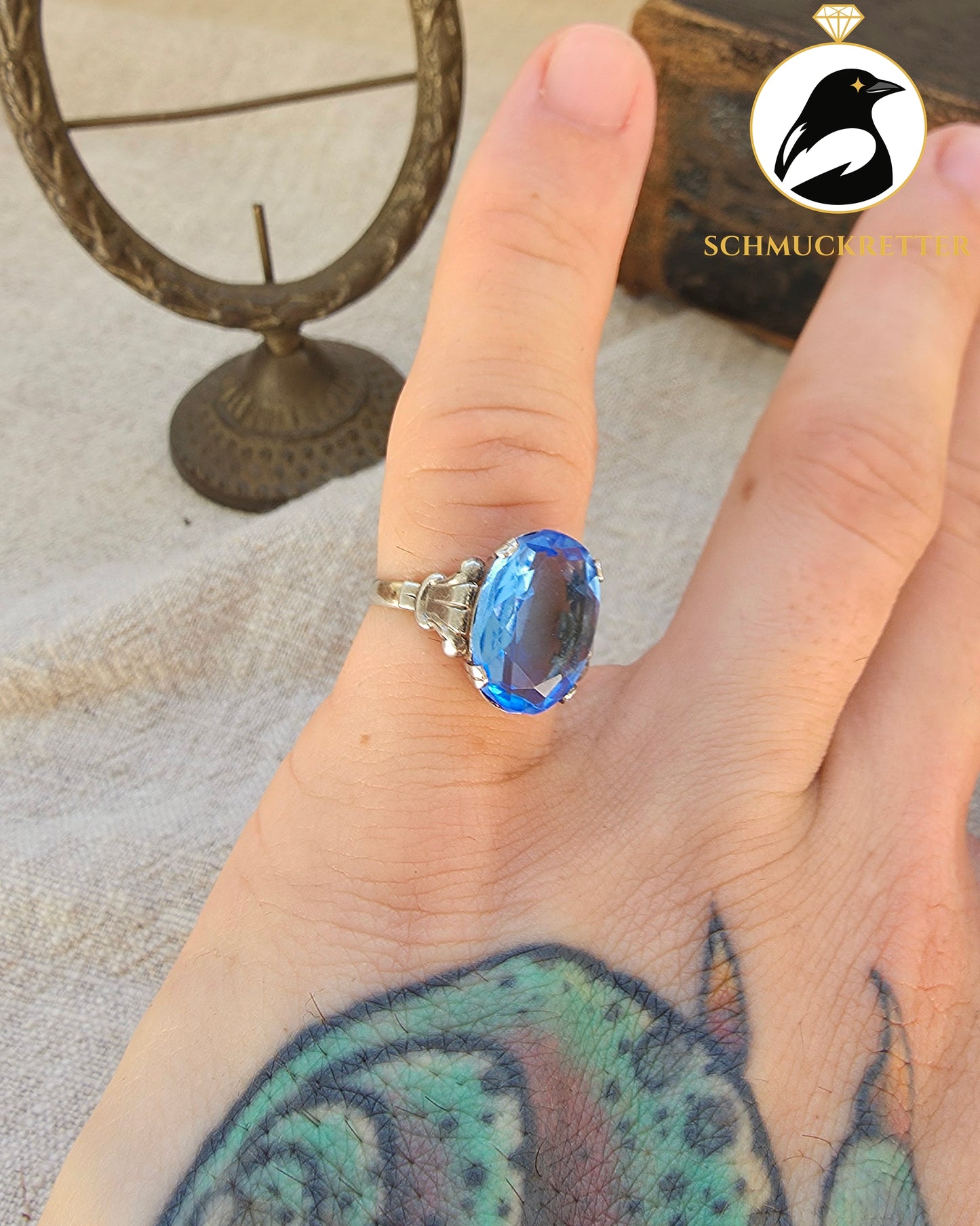 800 Silberring mit blauem Glas | ca. 1940–1950, Gr. 50