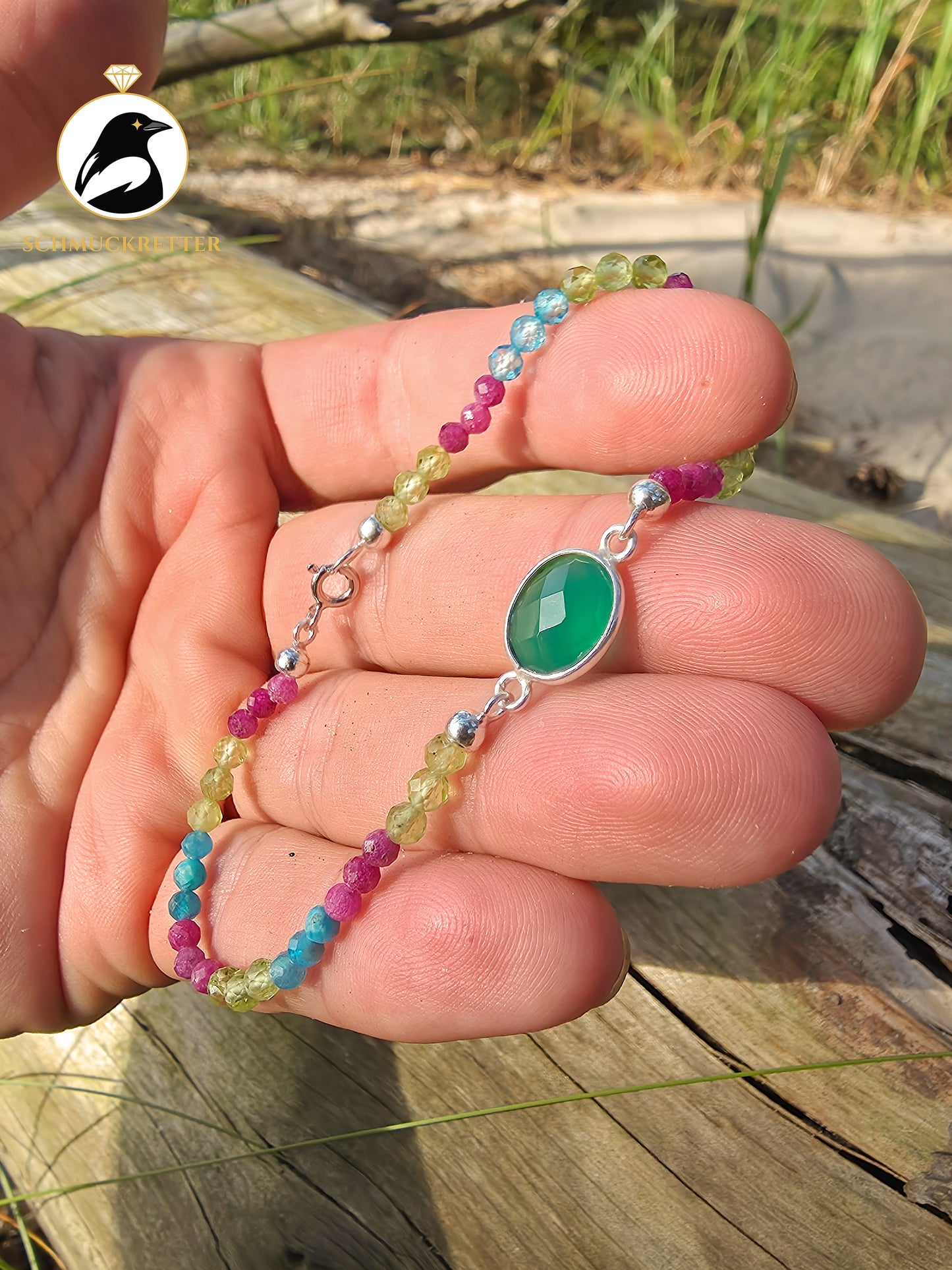 Armband | Pantherchamäleon | Grüner Achat, Peridot, Topas, Apatit & Rubin