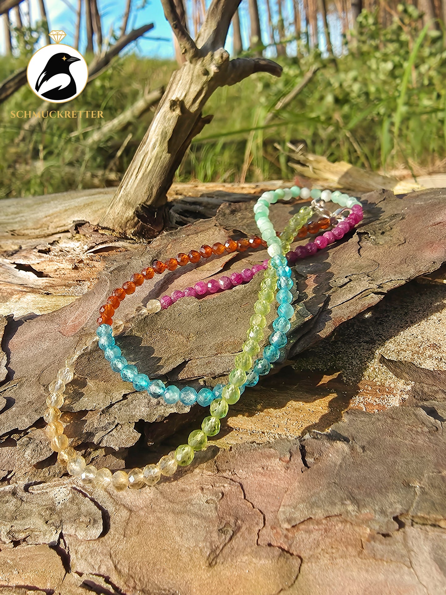 Kette| Papageifisch | Blautopas, Chrysopras, Rubin, Hessonit, Peridot, Citrin