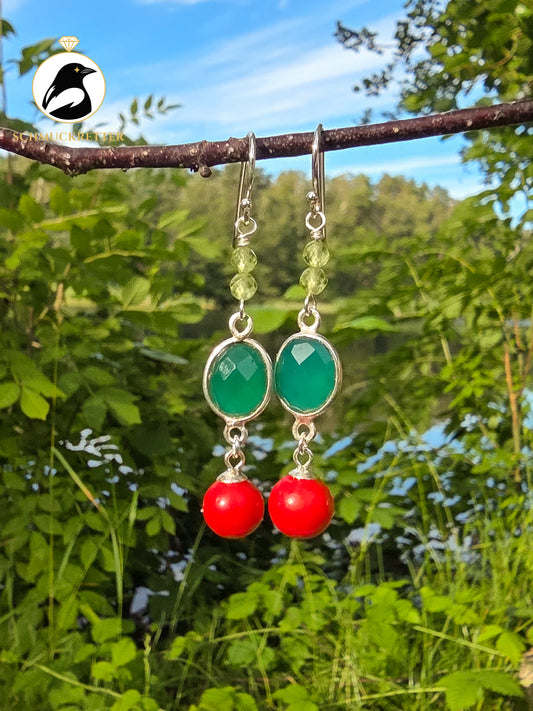 Ohrringe | Rotaugenlaubfrosch | Grüner Achat, Peridot & Bambuskoralle