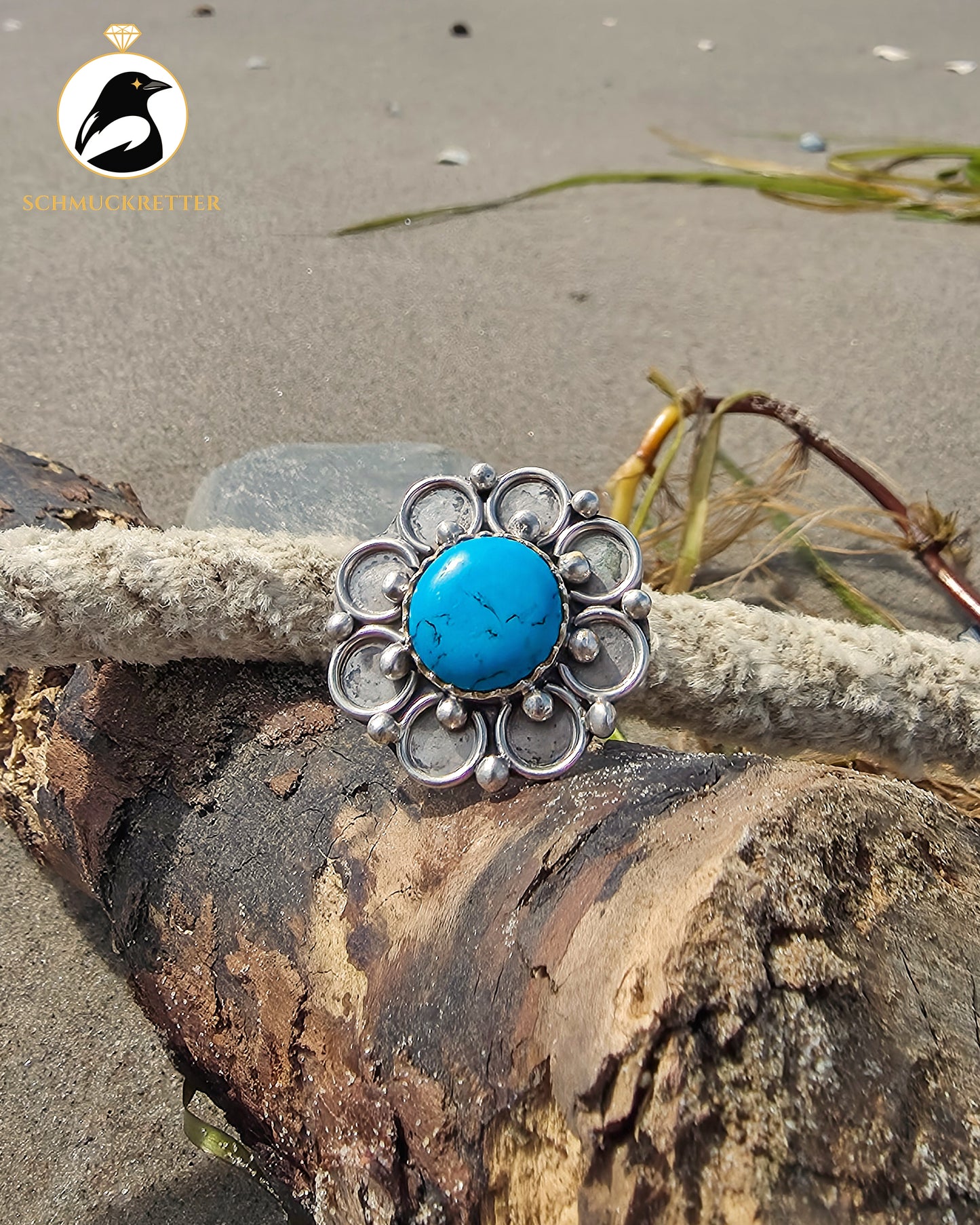 Großer Blütenring aus 925 Silber mit Türkis-Magnesit, Gr. 61