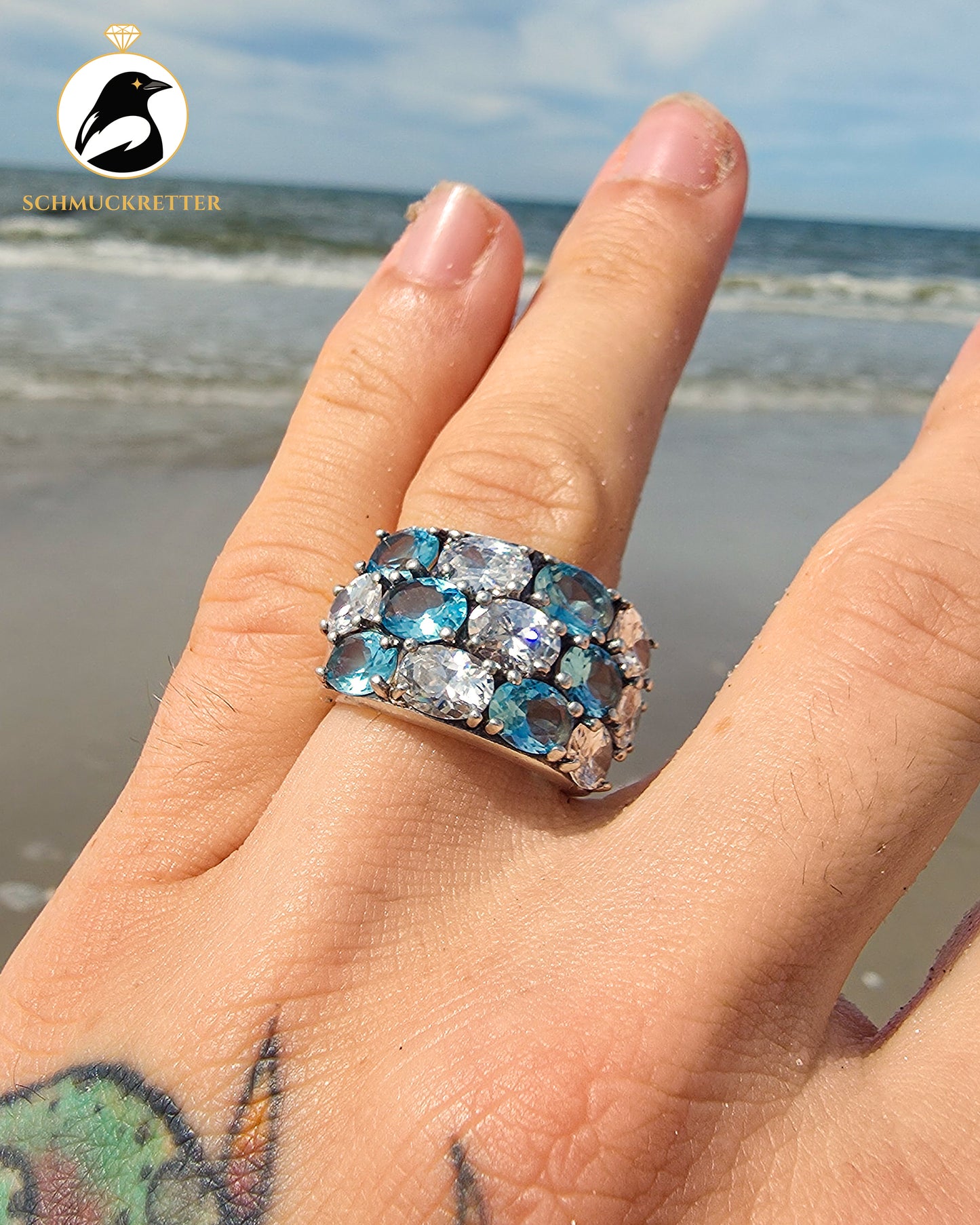 Breiter 925 Silber Ring mit weißen & blauen Zirkonia, Gr. 57