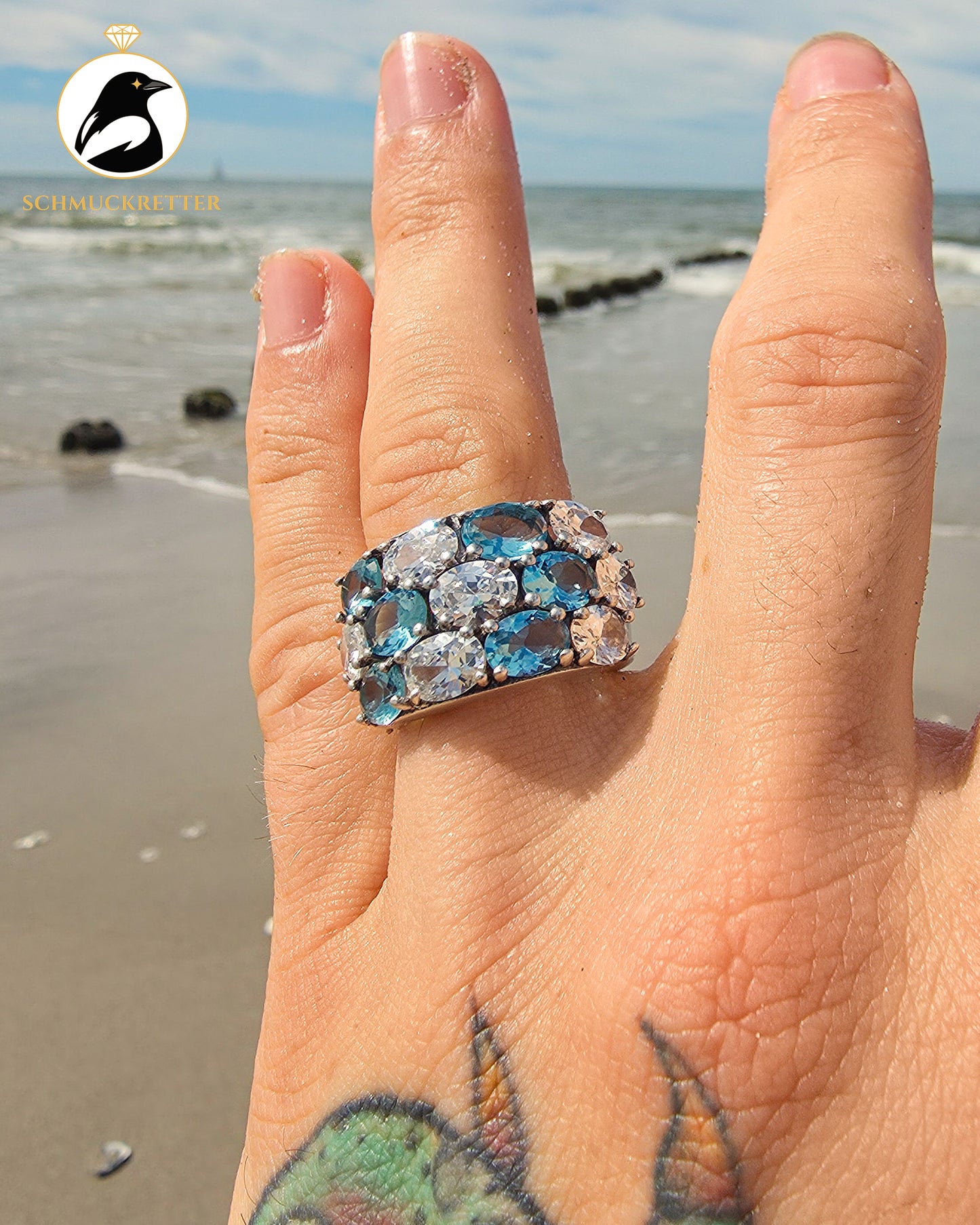 Breiter 925 Silber Ring mit weißen & blauen Zirkonia, Gr. 57