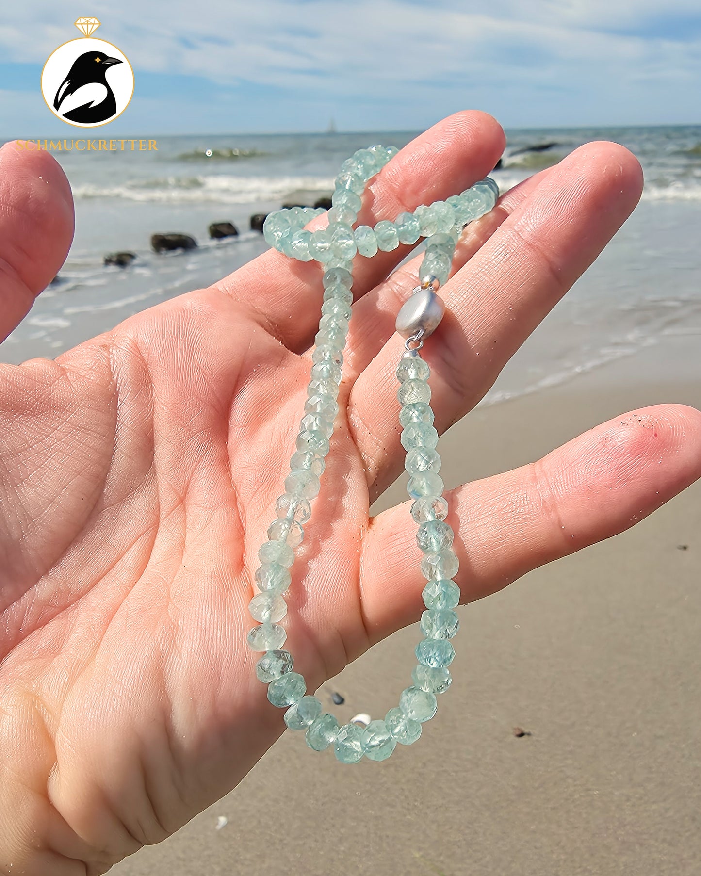 Aquamarin-Kette in facettierten Rondellen mit 925 Silber Verschluss
