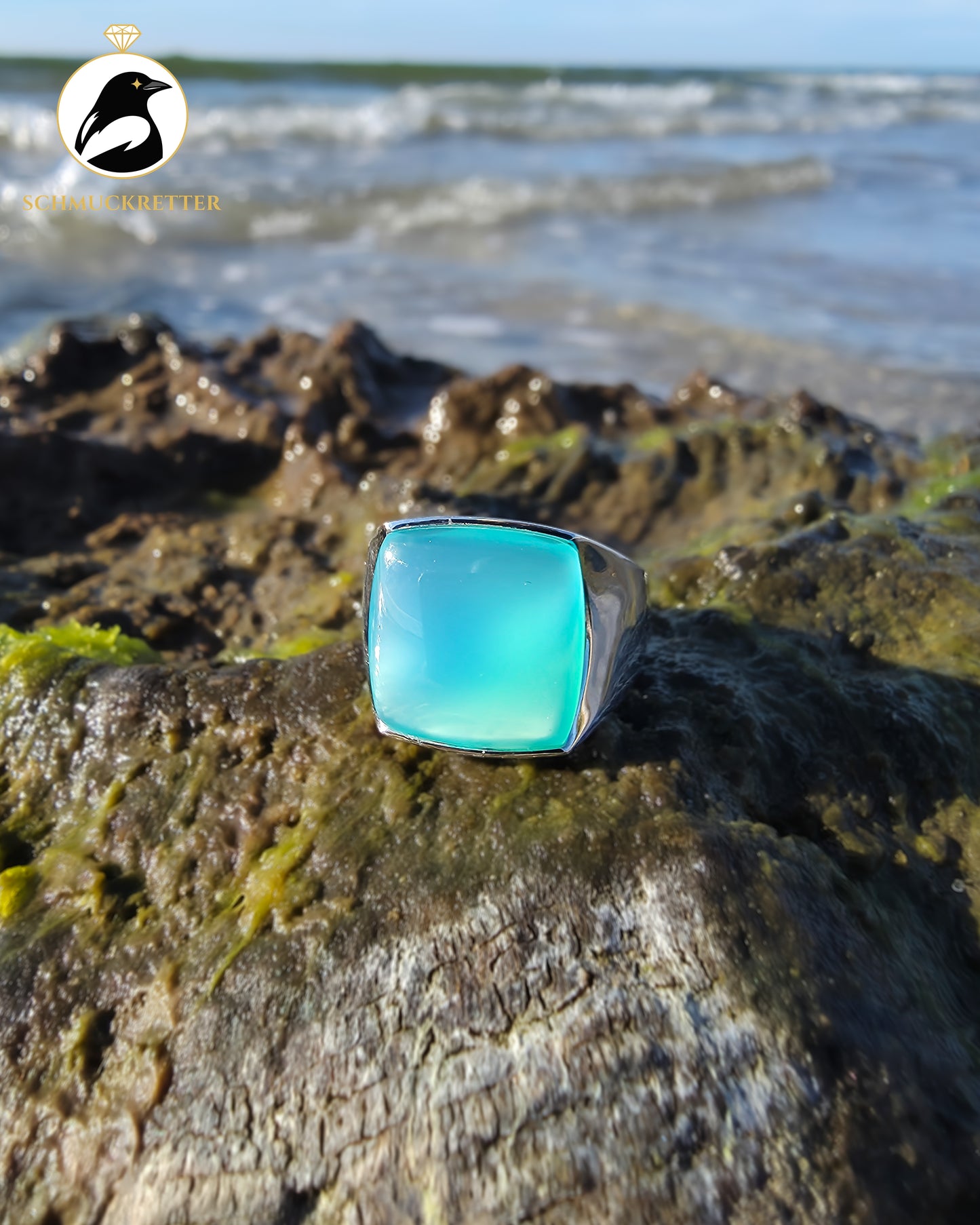 Aqua Chalcedon-Ring aus 925 Silber | La Luna Design, Gr. 57