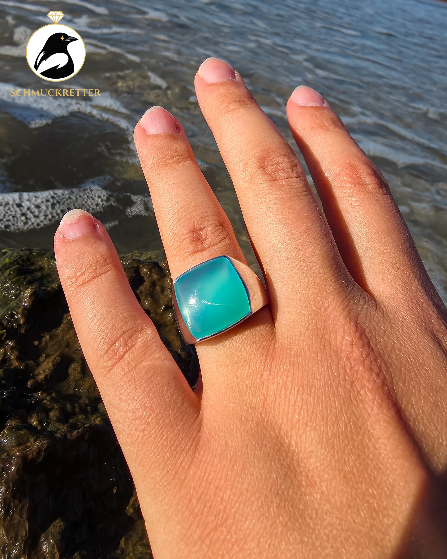 Aqua Chalcedon-Ring aus 925 Silber | La Luna Design, Gr. 57