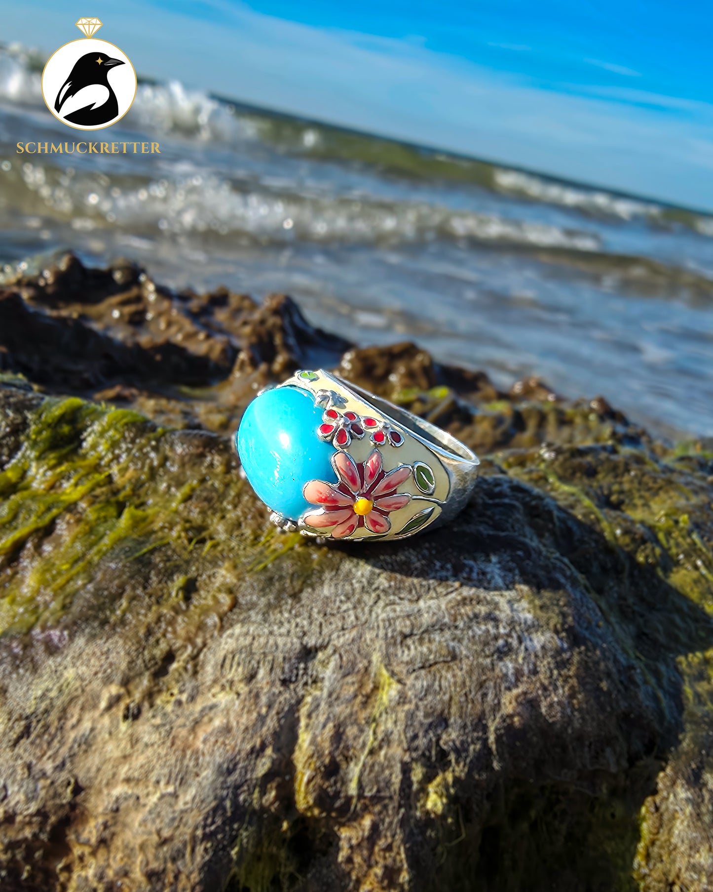 David Sigal Ring aus 925 Silber mit Emaille und Cabochon in Türkisoptik, Gr. 57