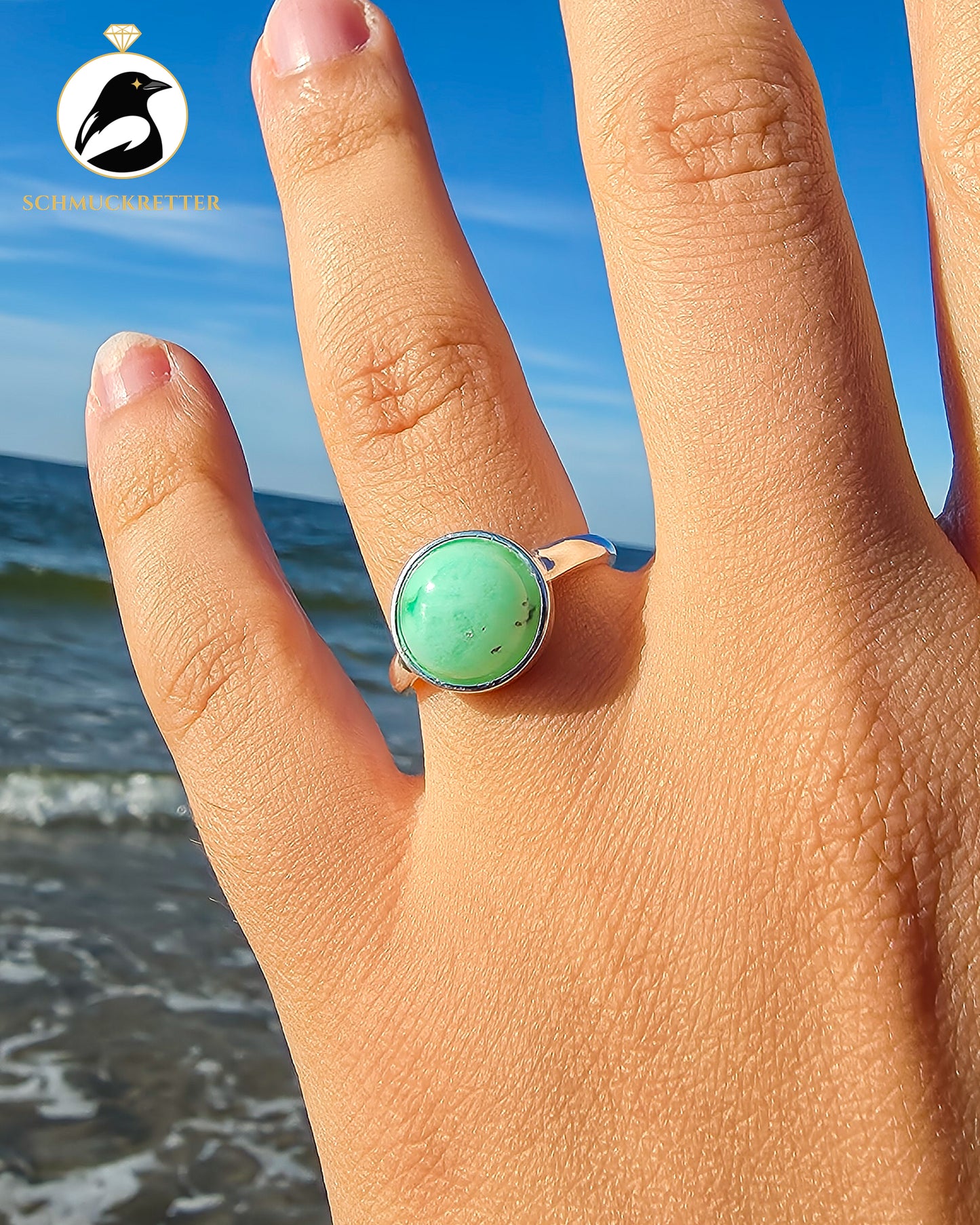 Chrysopras Ring aus 925 Silber, verstellbar