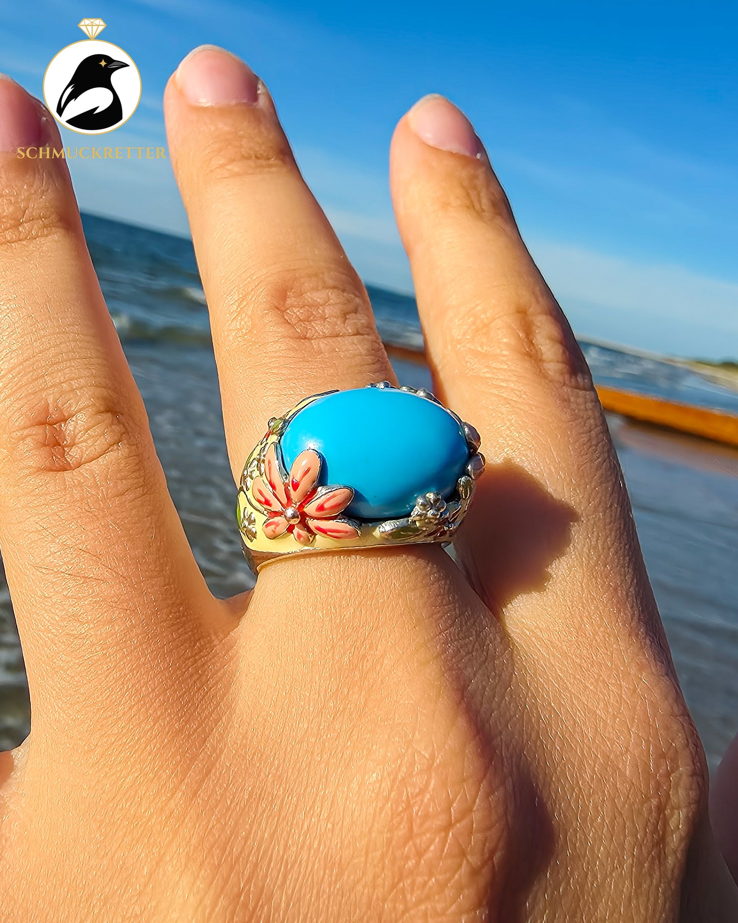 David Sigal Ring aus 925 Silber mit Emaille und Cabochon in Türkisoptik, Gr. 57