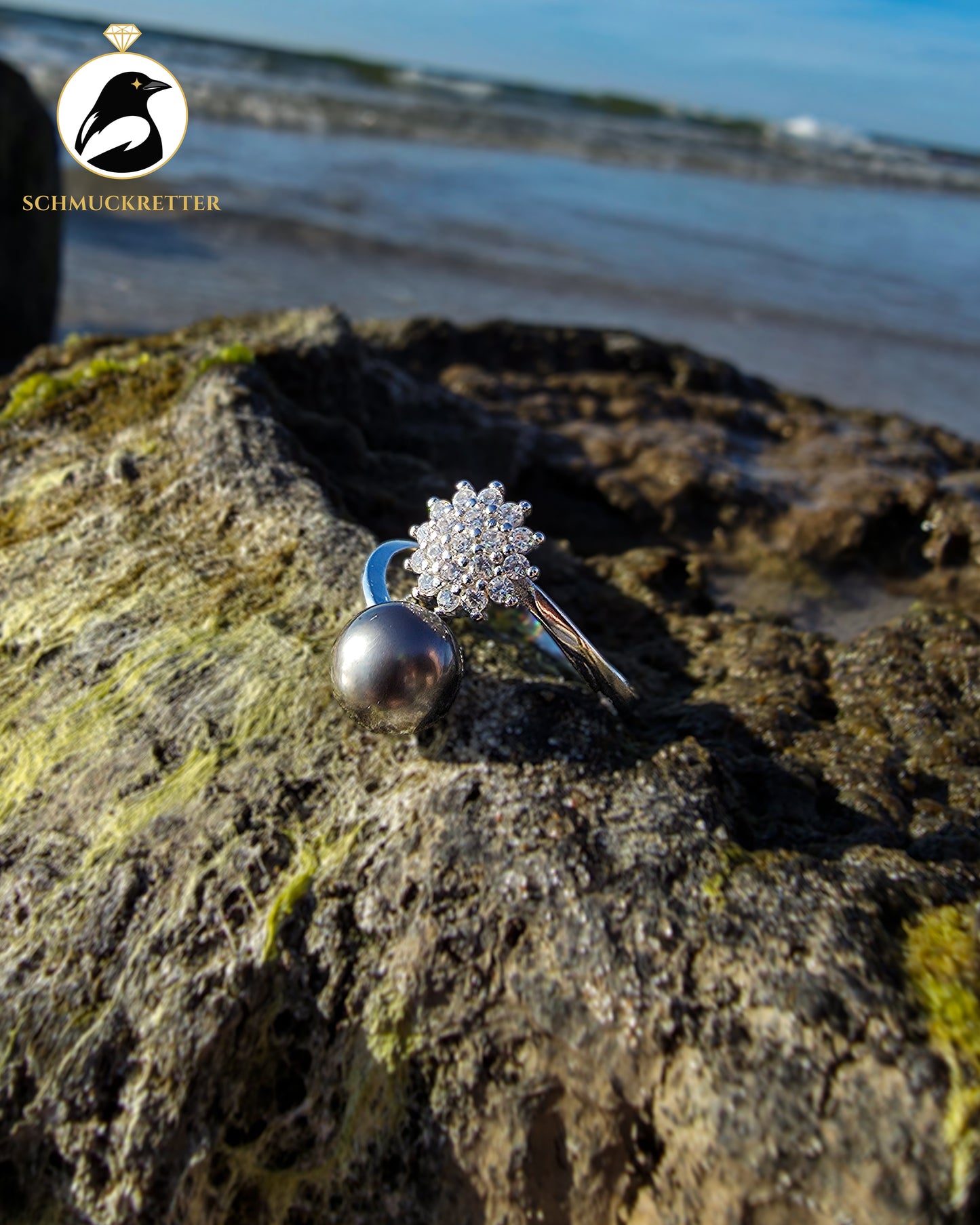 Exklusiver Tahiti-Perlen Ring mit Zirkonia, verstellbar