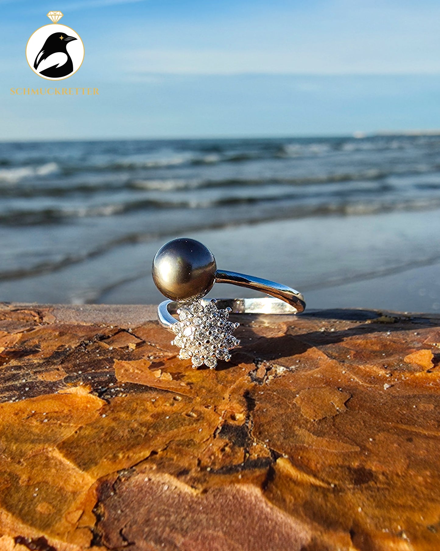 Exklusiver Tahiti-Perlen Ring mit Zirkonia, verstellbar