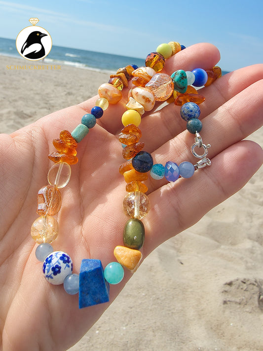 Sonnenfänger: Kette mit Bernstein, Citrin, Lapislazuli & 925 Silber Verschluss