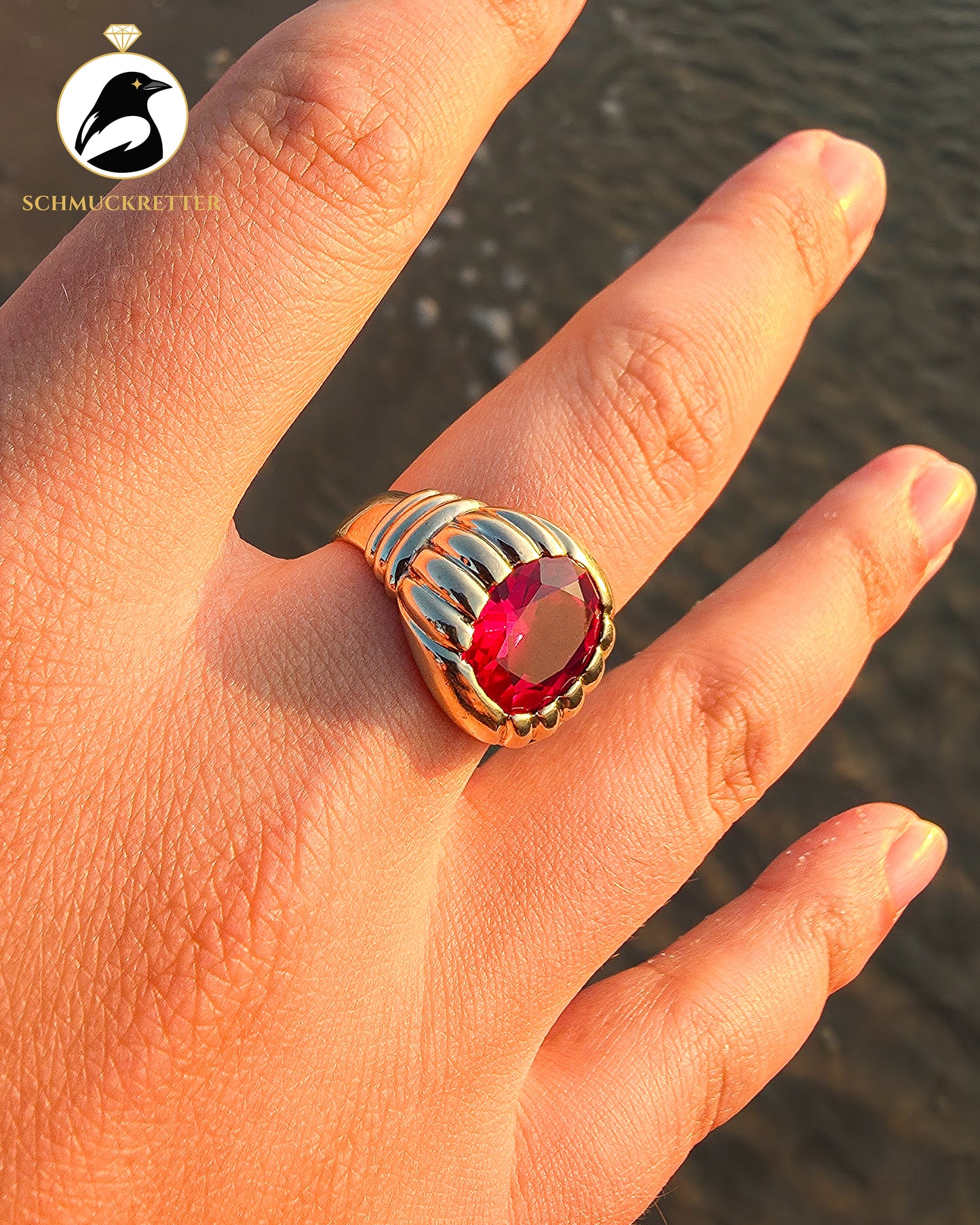 Abendsonne - 416er Gold (10K) Ring mit Korund, Gr. 61