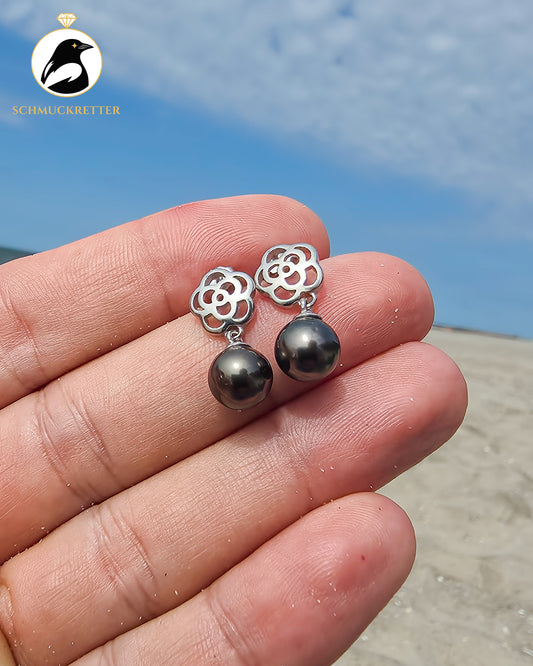 Tahitiperlen Ohrringe mit floraler 925 Silber Fassung