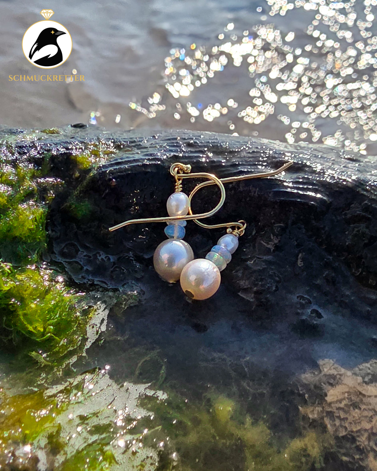 Ohrringe mit Welo Opal & Akoya Perle - vergoldetes 925 Silber