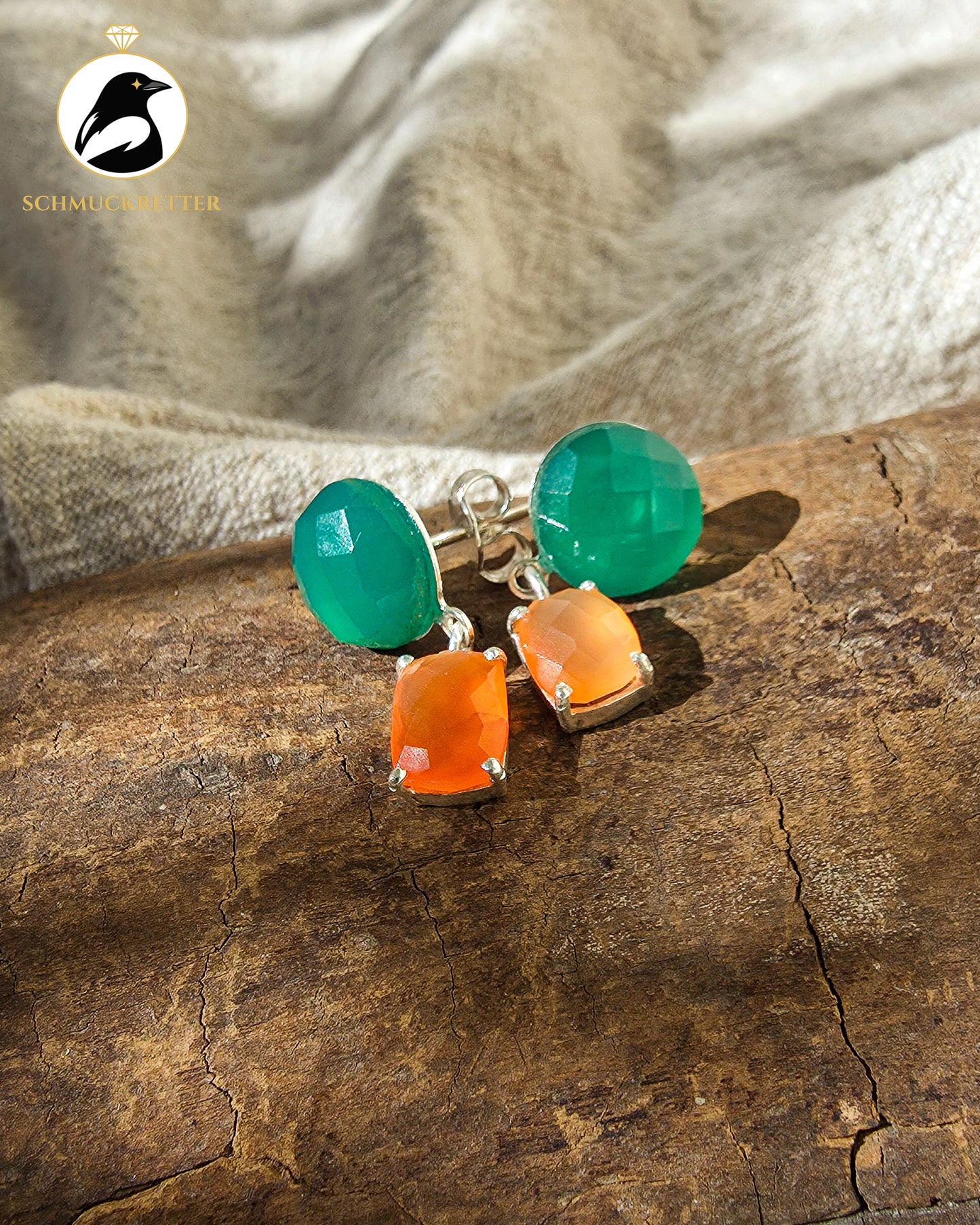 Orangenhain — Ohrringe mit Karneol und grünem Onyx, 925 Silber