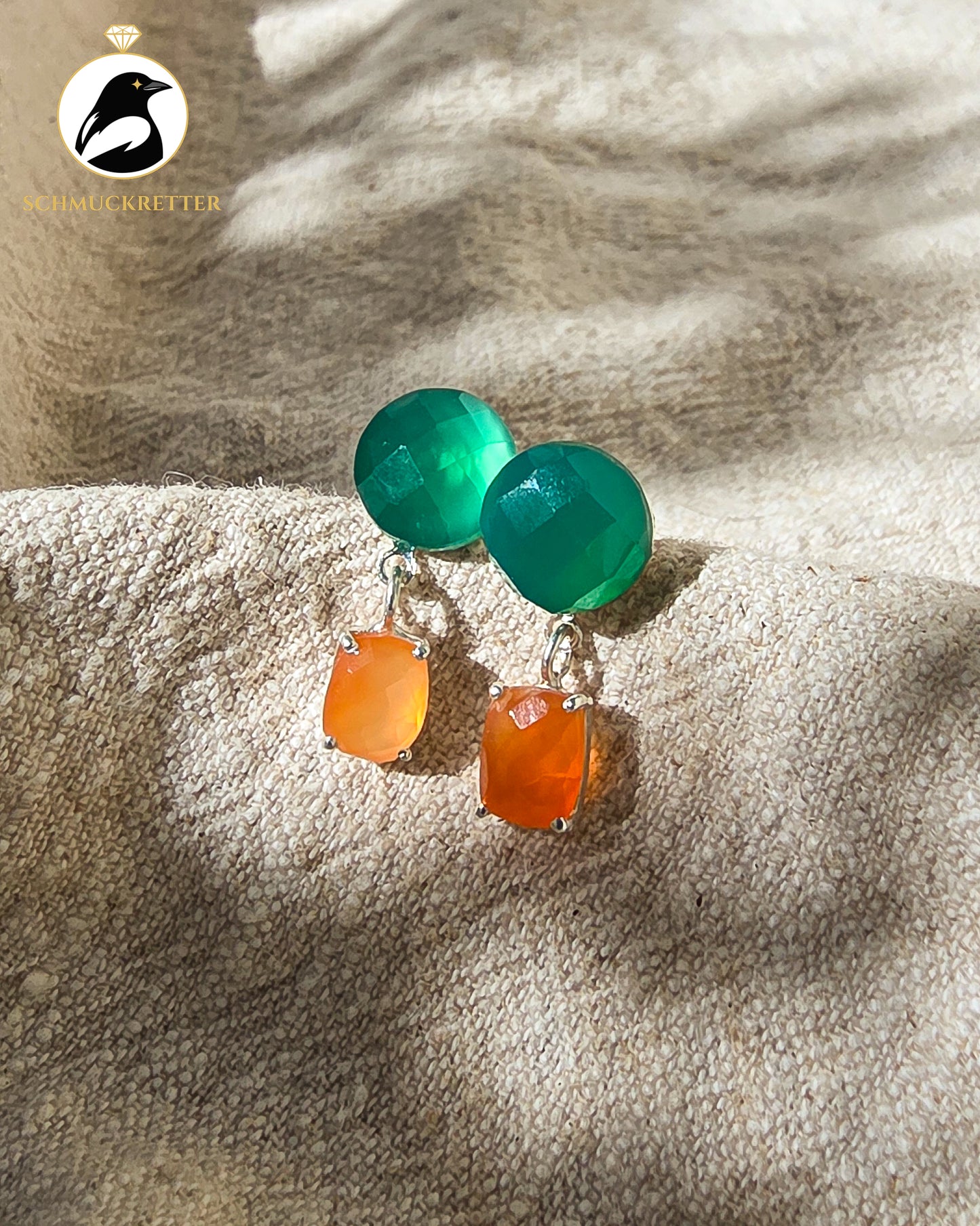 Orangenhain — Ohrringe mit Karneol und grünem Onyx, 925 Silber