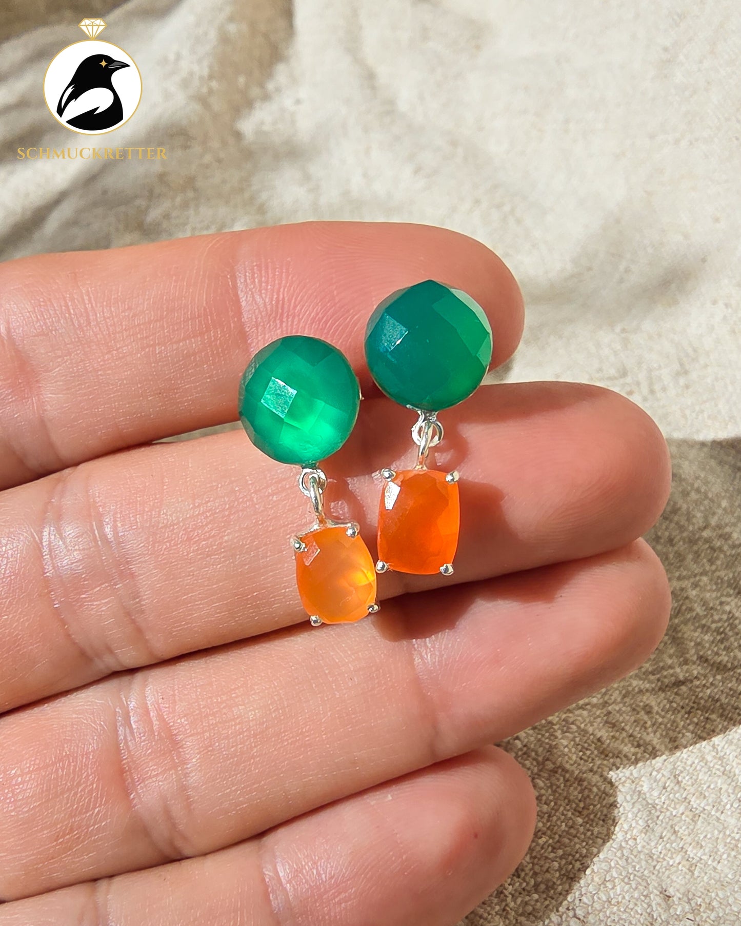 Orangenhain — Ohrringe mit Karneol und grünem Onyx, 925 Silber