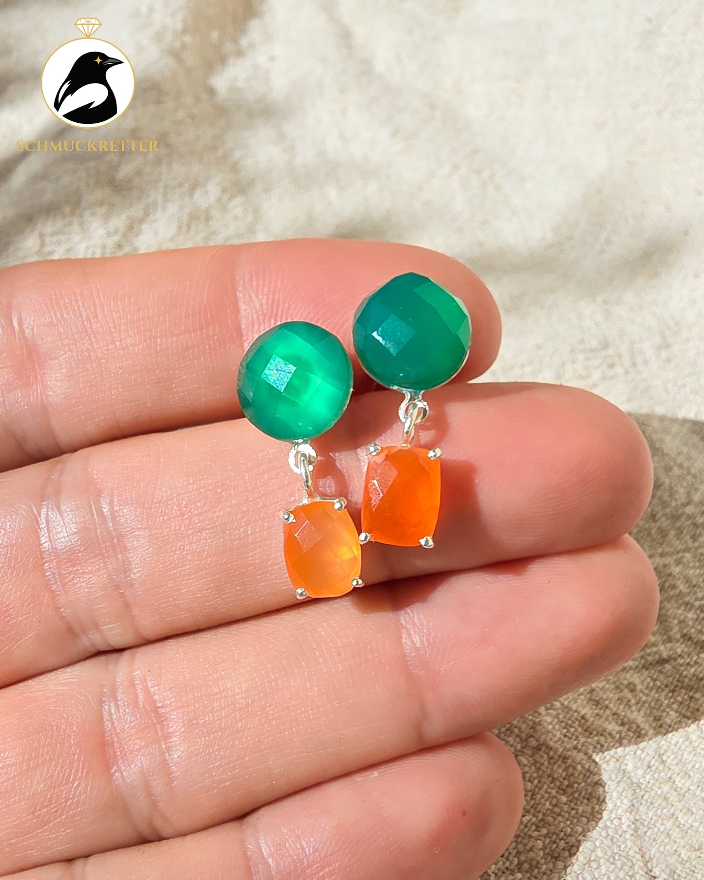 Orangenhain — Ohrringe mit Karneol und grünem Onyx, 925 Silber