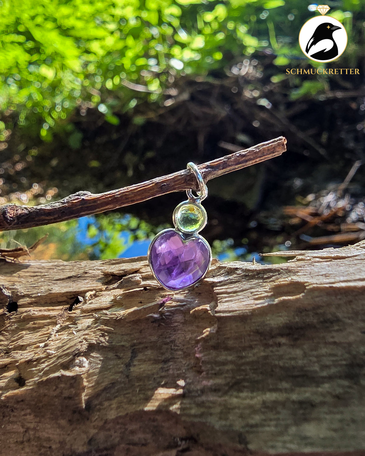Herz Anhänger mit Amethyst & Peridot gefasst in 925 Silber