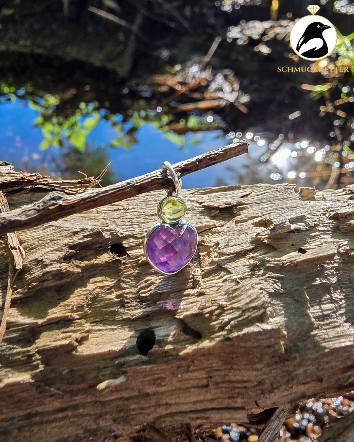 Herz Anhänger mit Amethyst & Peridot gefasst in 925 Silber