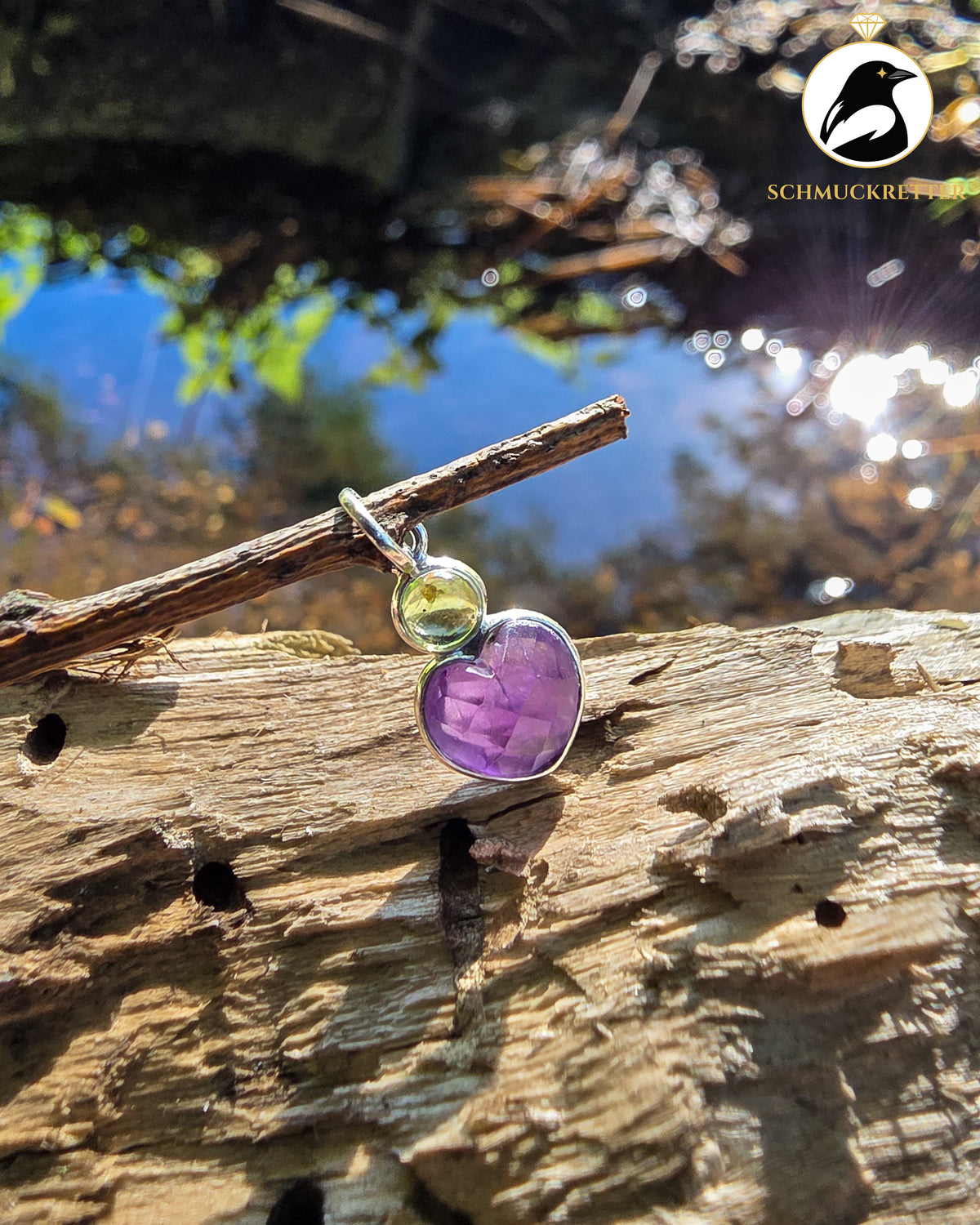 Herz Anhänger mit Amethyst & Peridot gefasst in 925 Silber