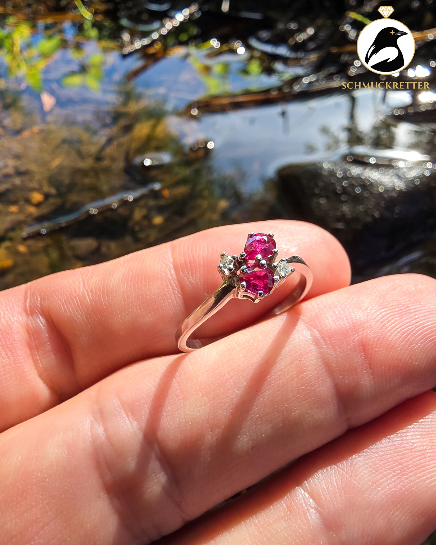 585 Weißgold Ring mit Rubinen und Diamanten, Gr. 54