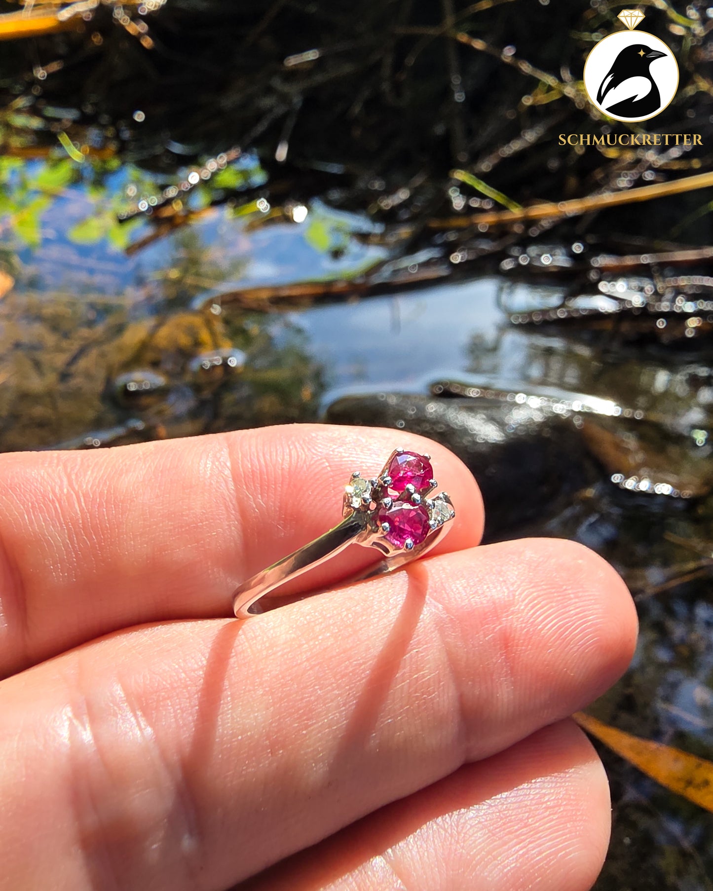 585 Weißgold Ring mit Rubinen und Diamanten, Gr. 54