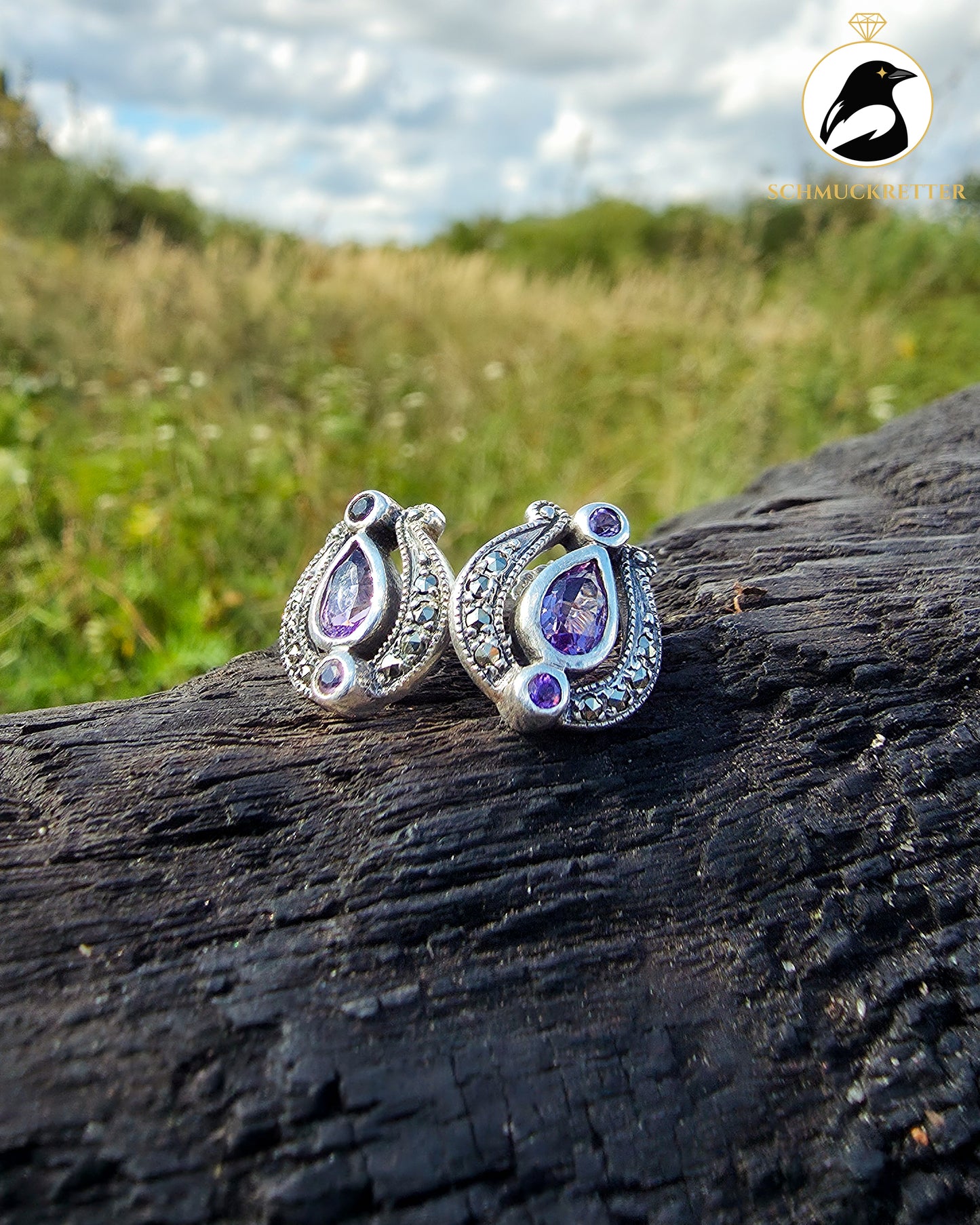 Amethyst Ohrstecker mit Markasiten - gefasst in 925 Silber