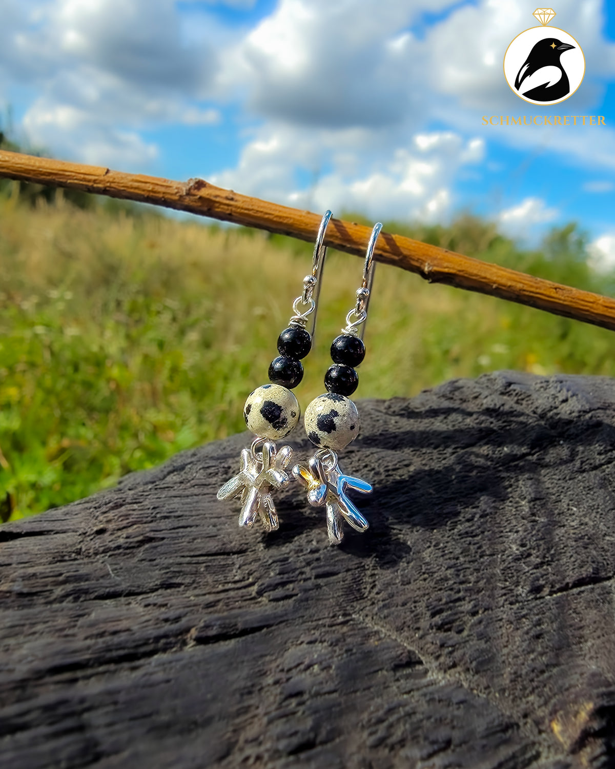 Set „Pfotenliebe“ – 925 Silber Anhänger und Ohrringe mit Dalmatiner-Jaspis