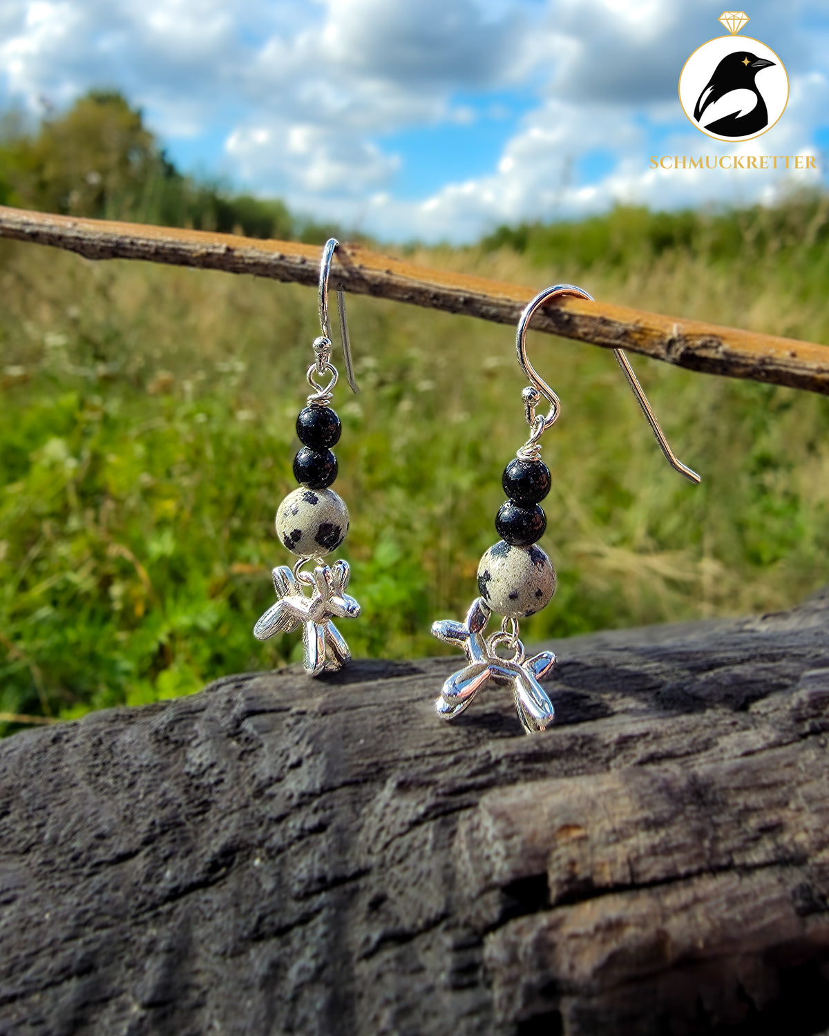 Set „Pfotenliebe“ – 925 Silber Anhänger und Ohrringe mit Dalmatiner-Jaspis