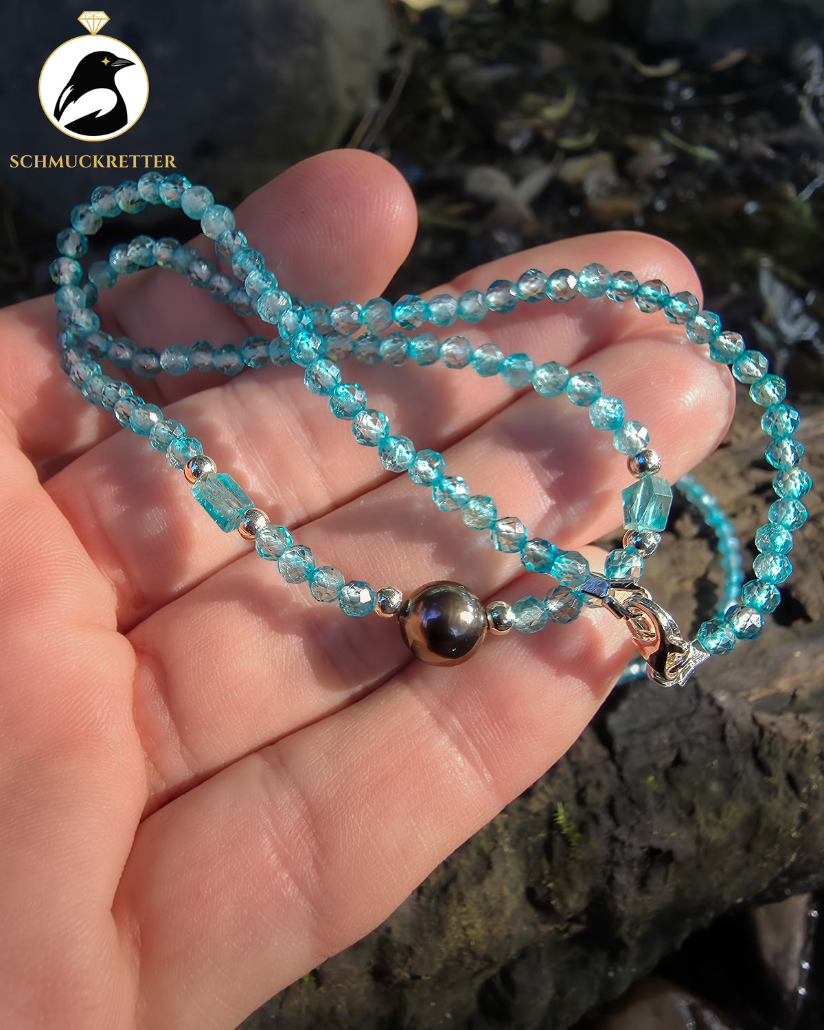 Tahitiperlen-Collier mit Blautopas | 925 Silber