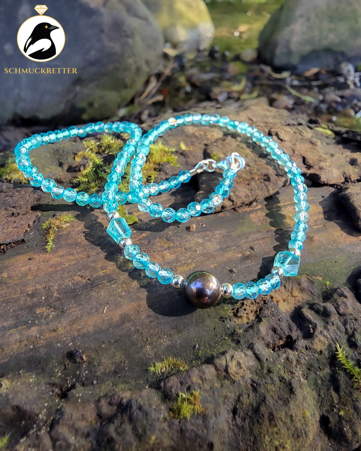 Tahitiperlen-Collier mit Blautopas | 925 Silber
