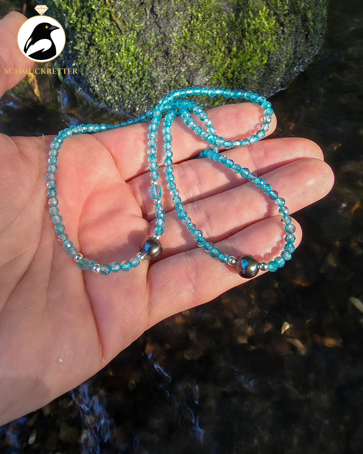 Tahitiperlen-Collier mit Blautopas | 925 Silber