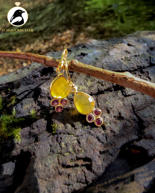 Vergoldete Tropfenohrringe mit gelbem Chalcedon & Granat | 925 Silber Brisur