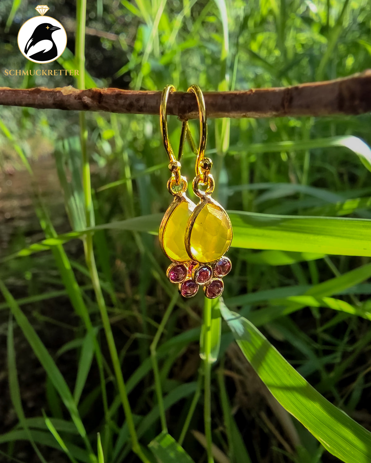 Vergoldete Tropfenohrringe mit gelbem Chalcedon & Granat | 925 Silber Brisur