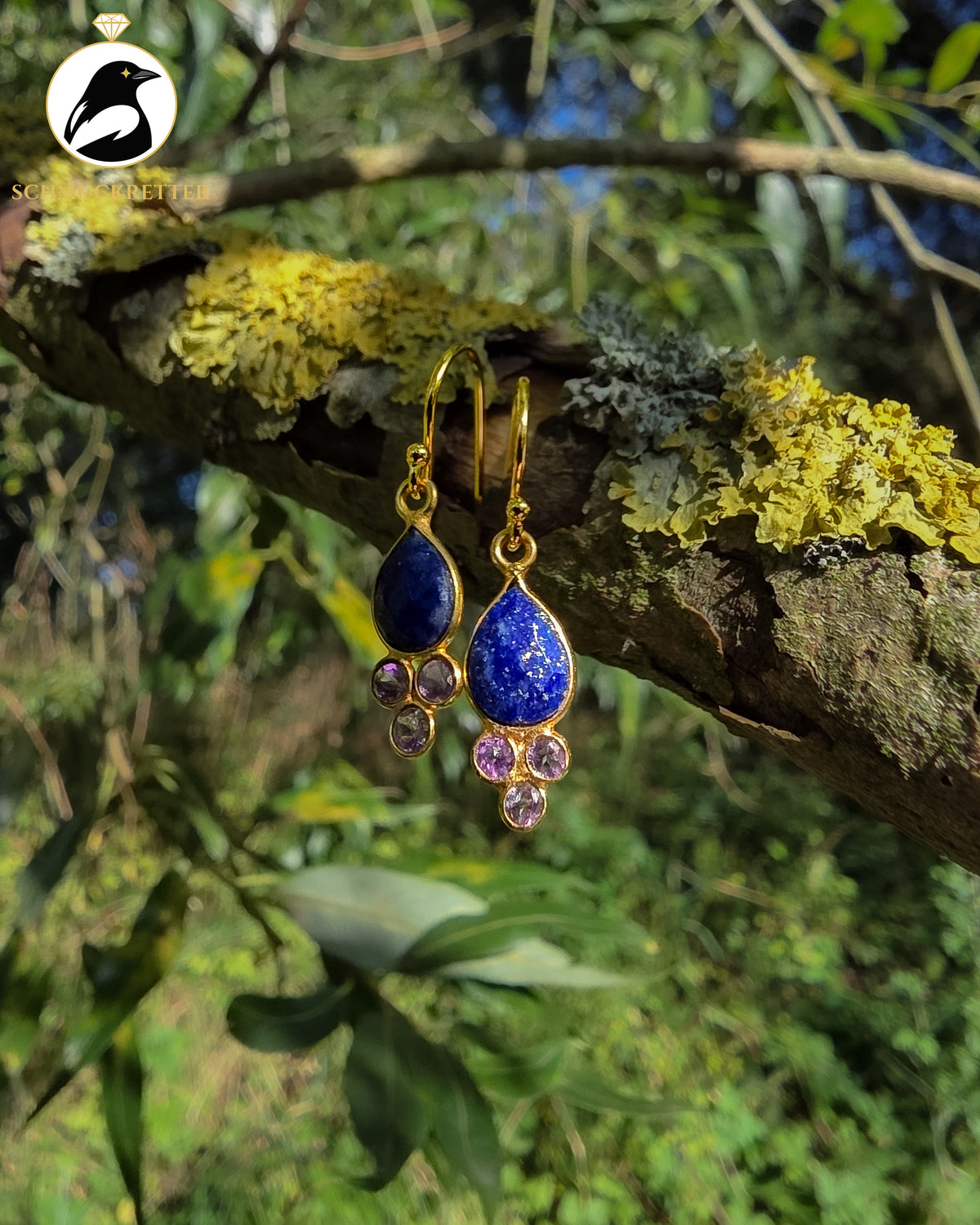 Vergoldete Tropfenohrringe mit Lapislazuli & Amethyst | 925 Silber Brisur