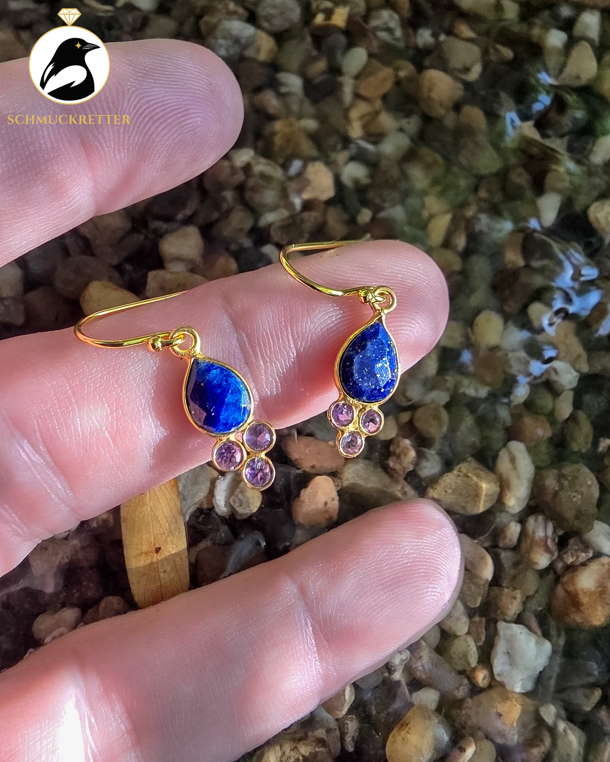 Vergoldete Tropfenohrringe mit Lapislazuli & Amethyst | 925 Silber Brisur
