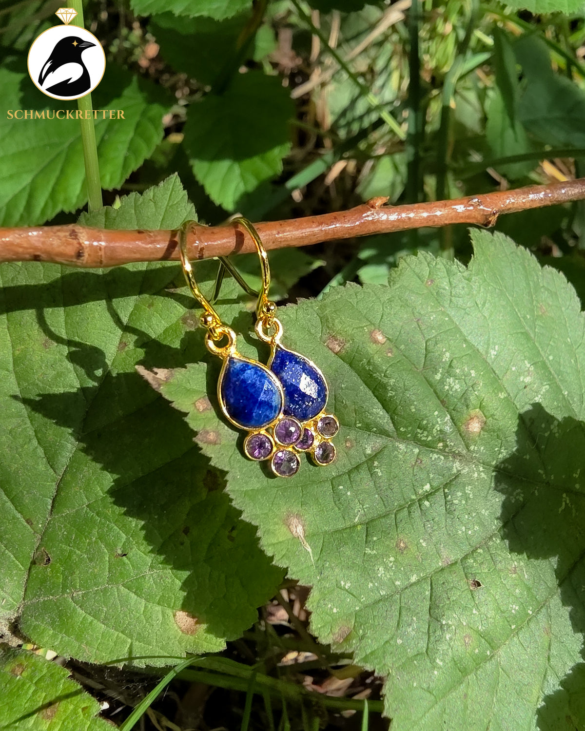 Vergoldete Tropfenohrringe mit Lapislazuli & Amethyst | 925 Silber Brisur