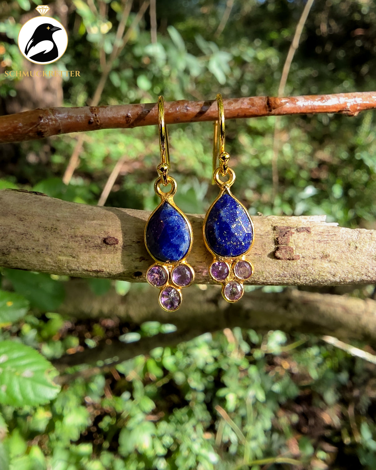 Vergoldete Tropfenohrringe mit Lapislazuli & Amethyst | 925 Silber Brisur