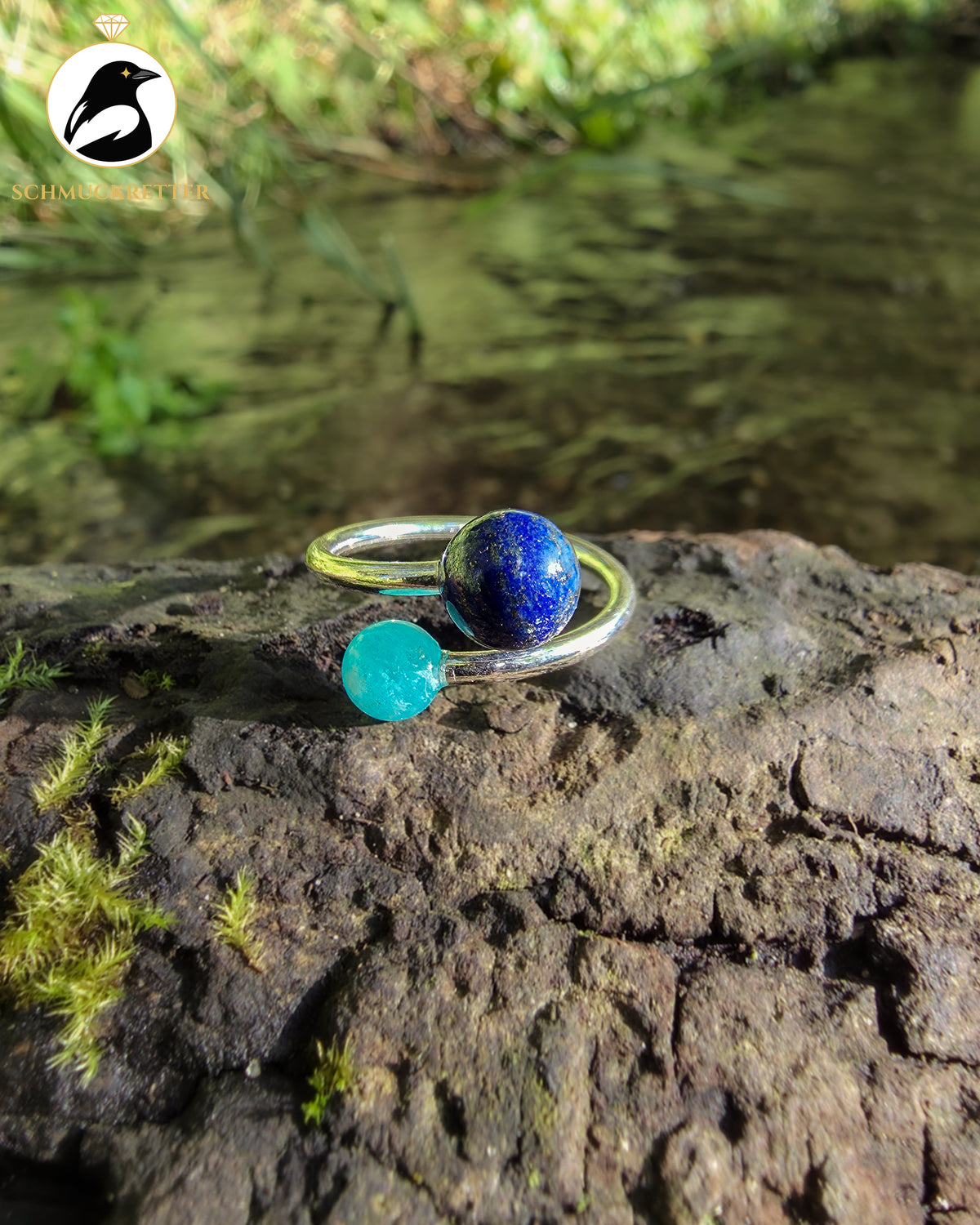 Double Trouble | Offener Kugelring mit Amazonit & Lapislazuli aus 925 Silber, Gr. 56/57
