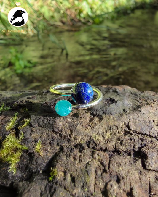 Double Trouble | Offener Kugelring mit Amazonit & Lapislazuli aus 925 Silber, Gr. 56/57