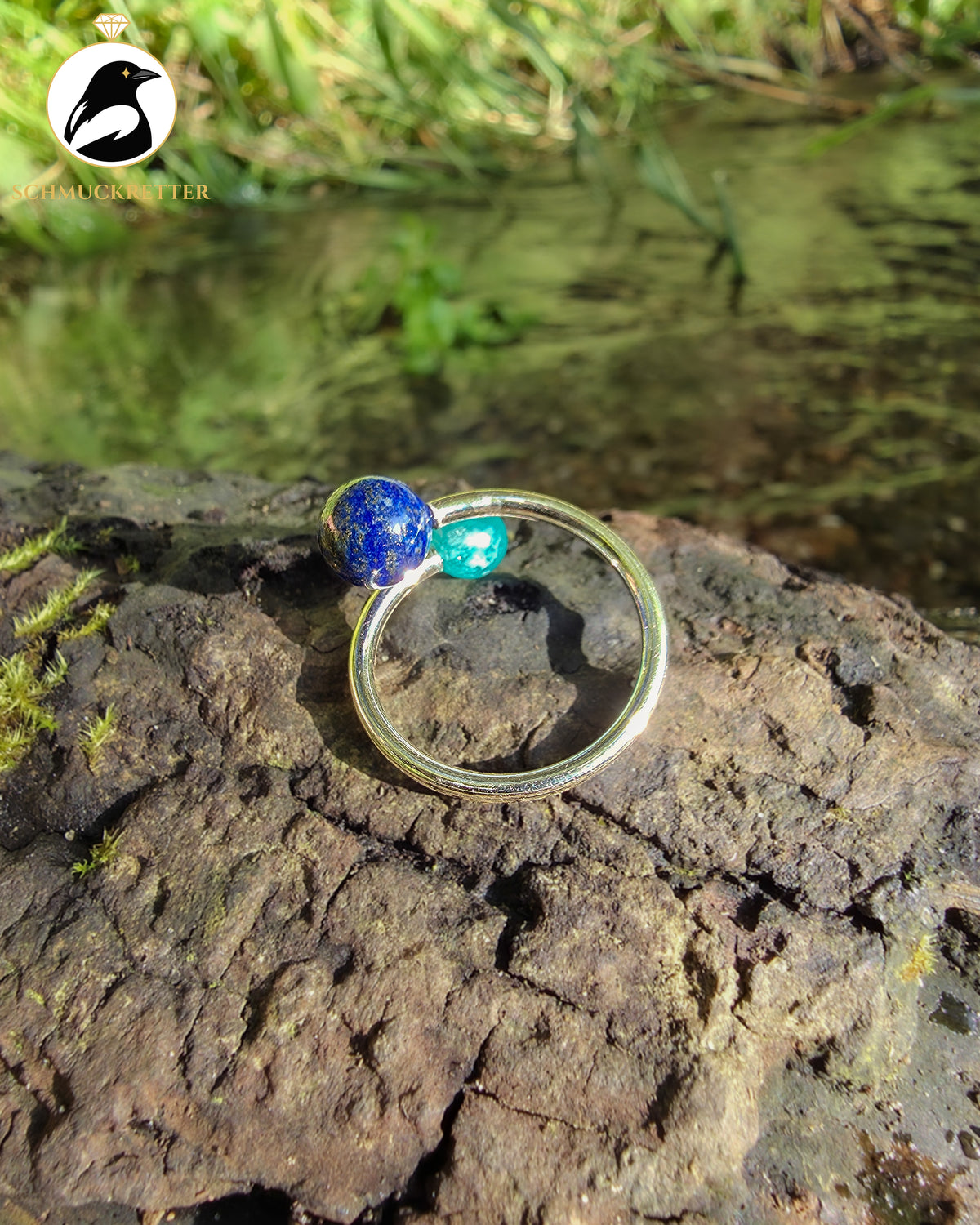 Double Trouble | Offener Kugelring mit Amazonit & Lapislazuli aus 925 Silber, Gr. 56/57