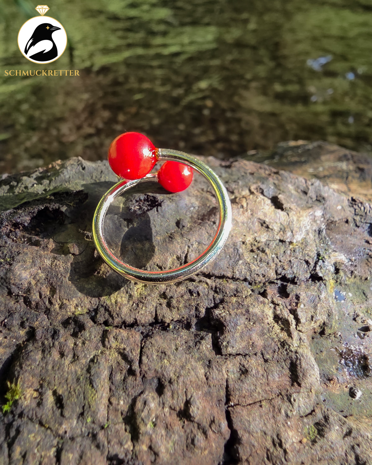 Double Trouble | Offener Kugelring mit Bambuskoralle aus 925 Silber, Gr. 56/57