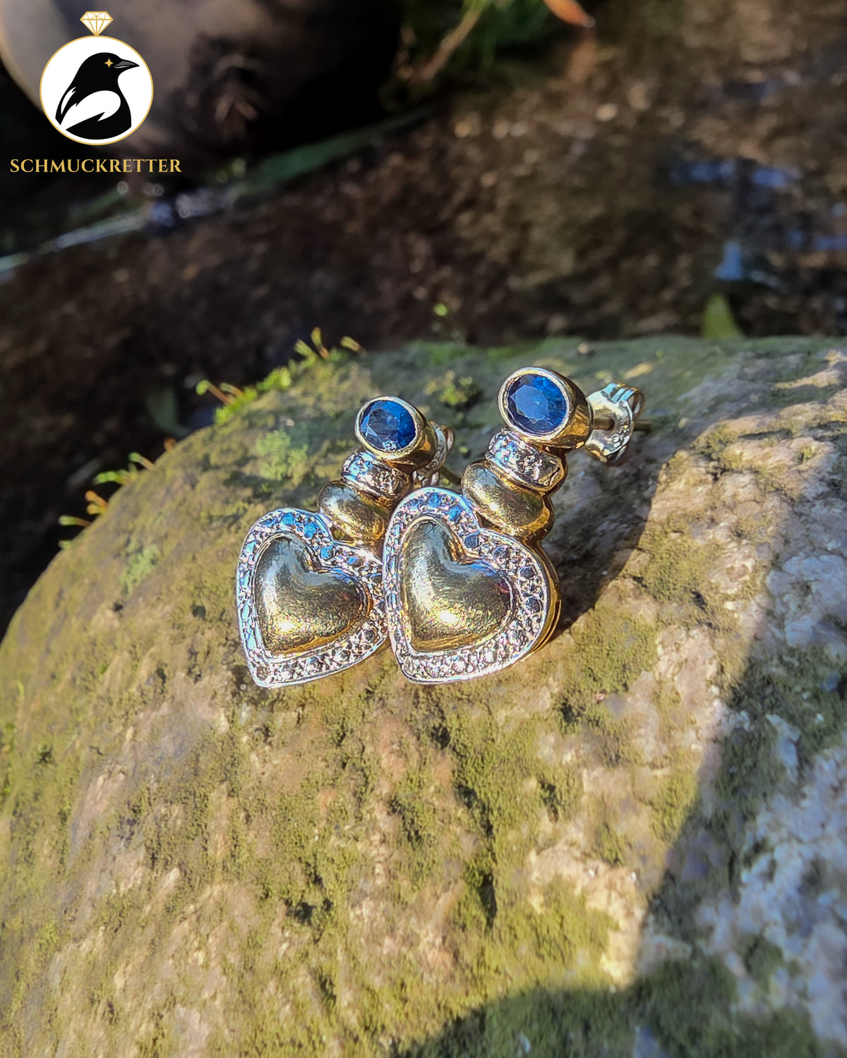 Herz-Ohrstecker mit Saphir & Diamant gefasst in 333 Gold